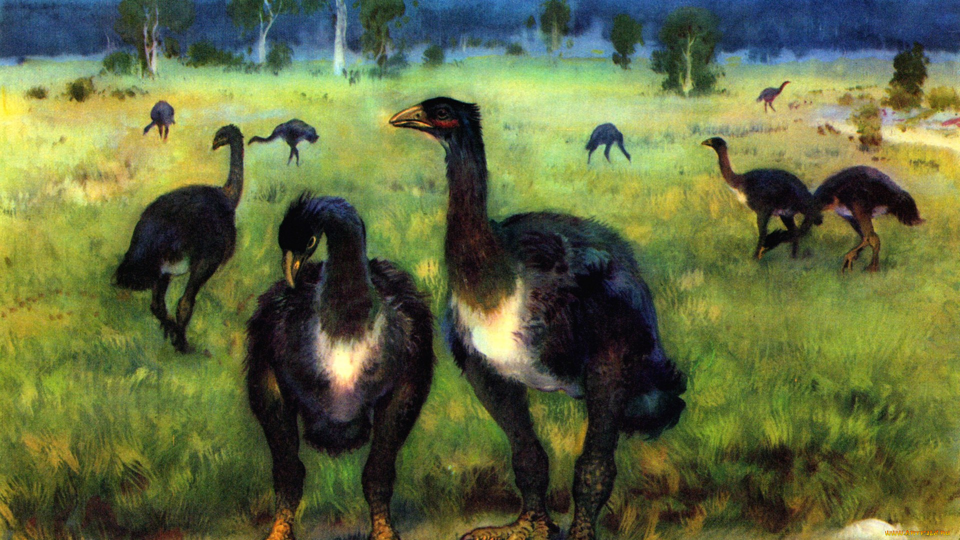 рисованное, животные, горы, деревья, трава, древние