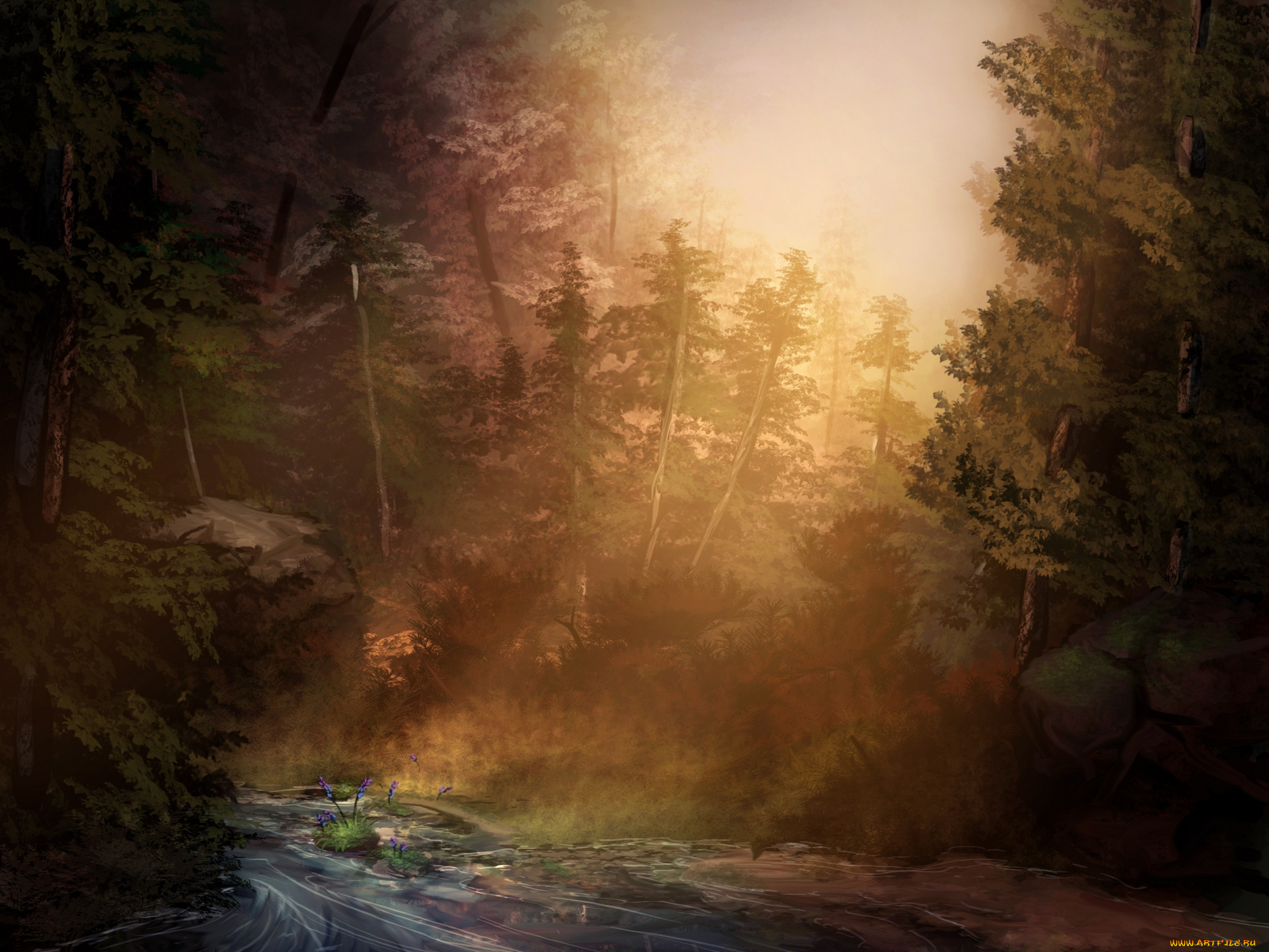 рисованное, природа, водоем, деревья