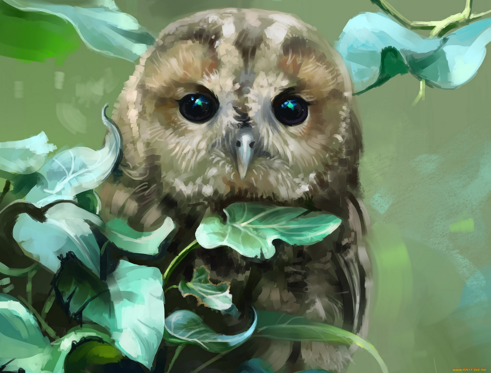 рисованное, животные, , птицы, , совы, , филины, листья