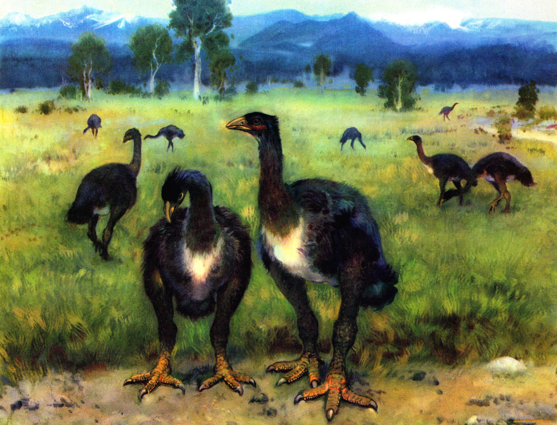 рисованное, животные, горы, деревья, трава, древние