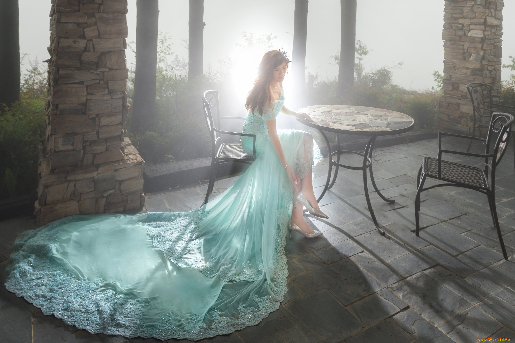 девушки, -unsort, , азиатки, девушка, платье, стулья, стол