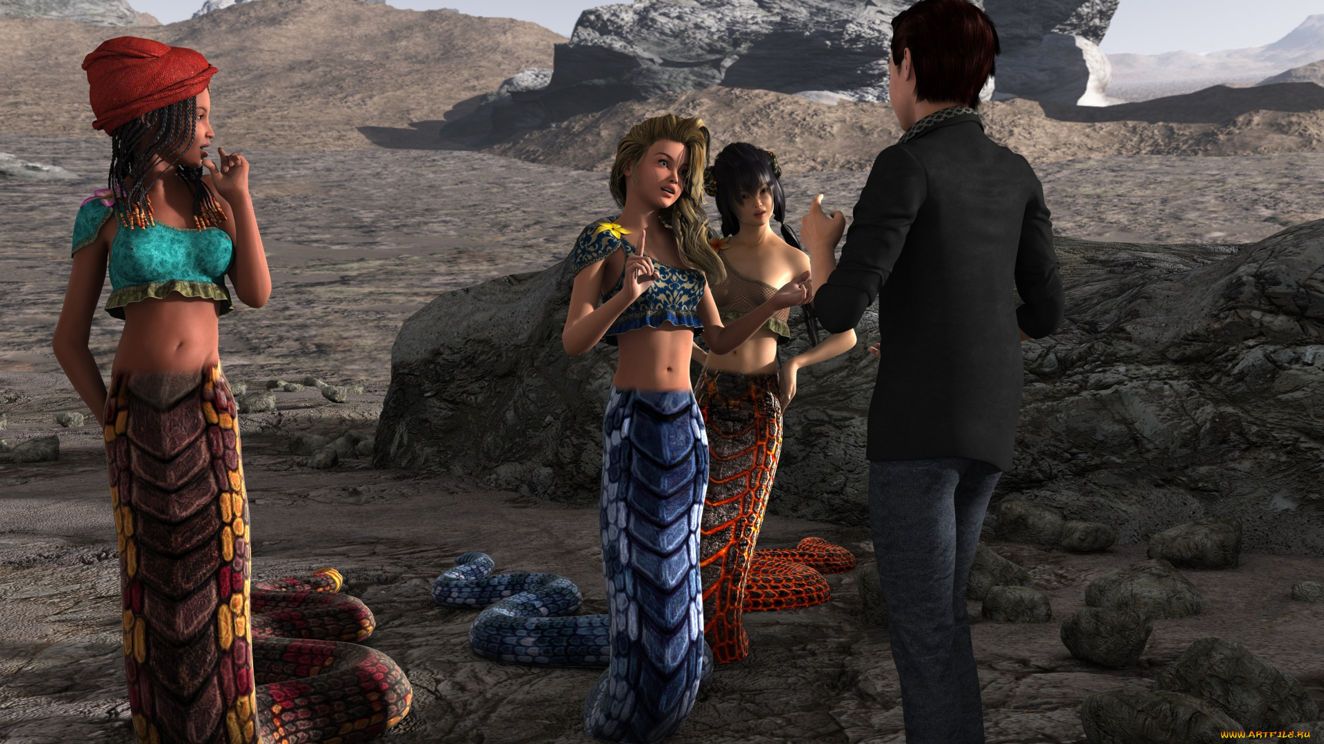 3д, графика, существа, , creatures, naga, фон, взгляд, девушки