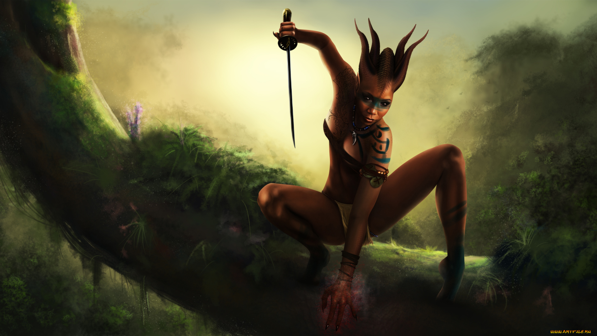 фэнтези, существа, девушка, фон, взгляд, меч