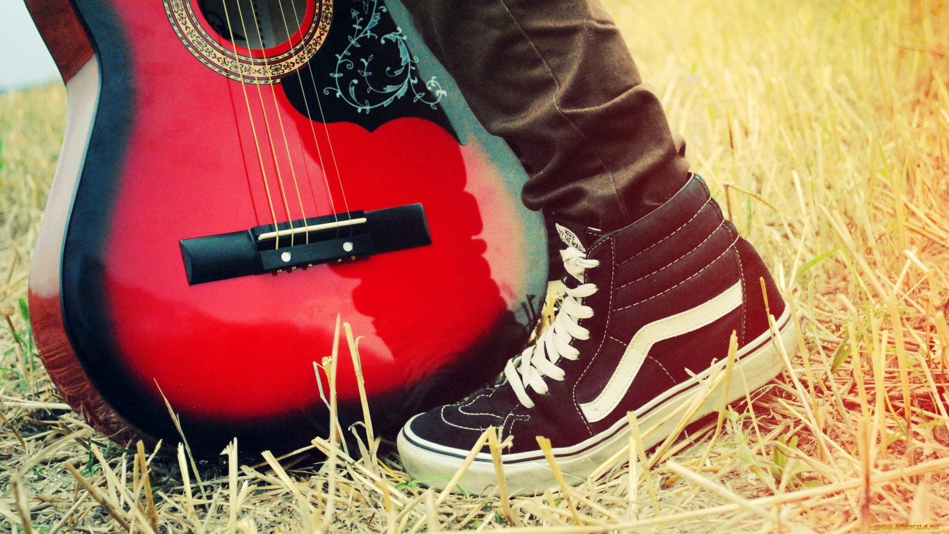 музыка, -музыкальные, инструменты, трава, гитара, нога, человек