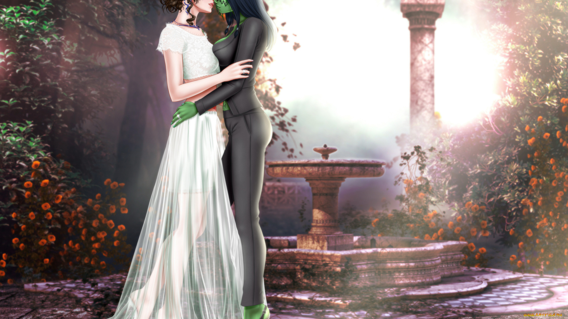 рисованное, комиксы, фон, поцелуй, девушки