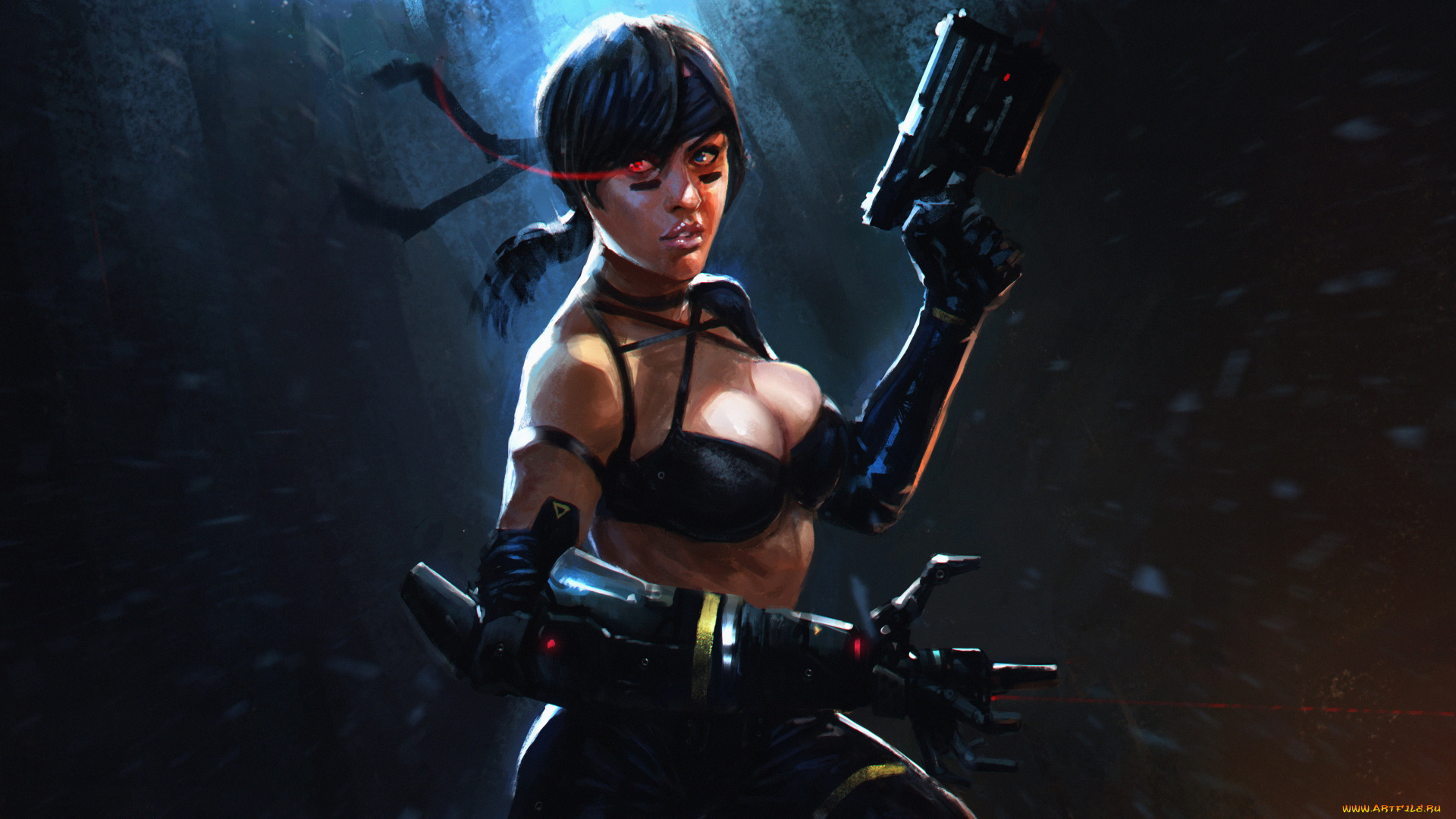 рисованное, комиксы, взгляд, фон, девушка, оружие