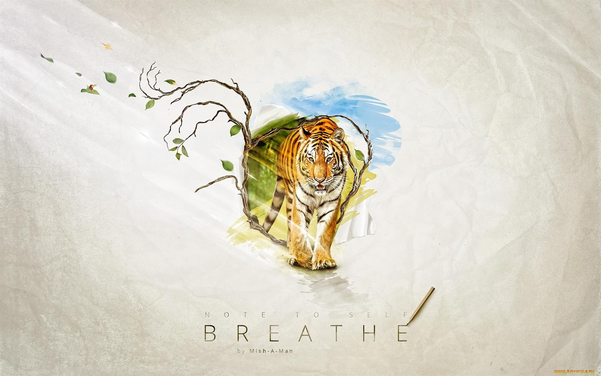 рисованное, животные, , тигры, листья, дерево, тигр, надпись