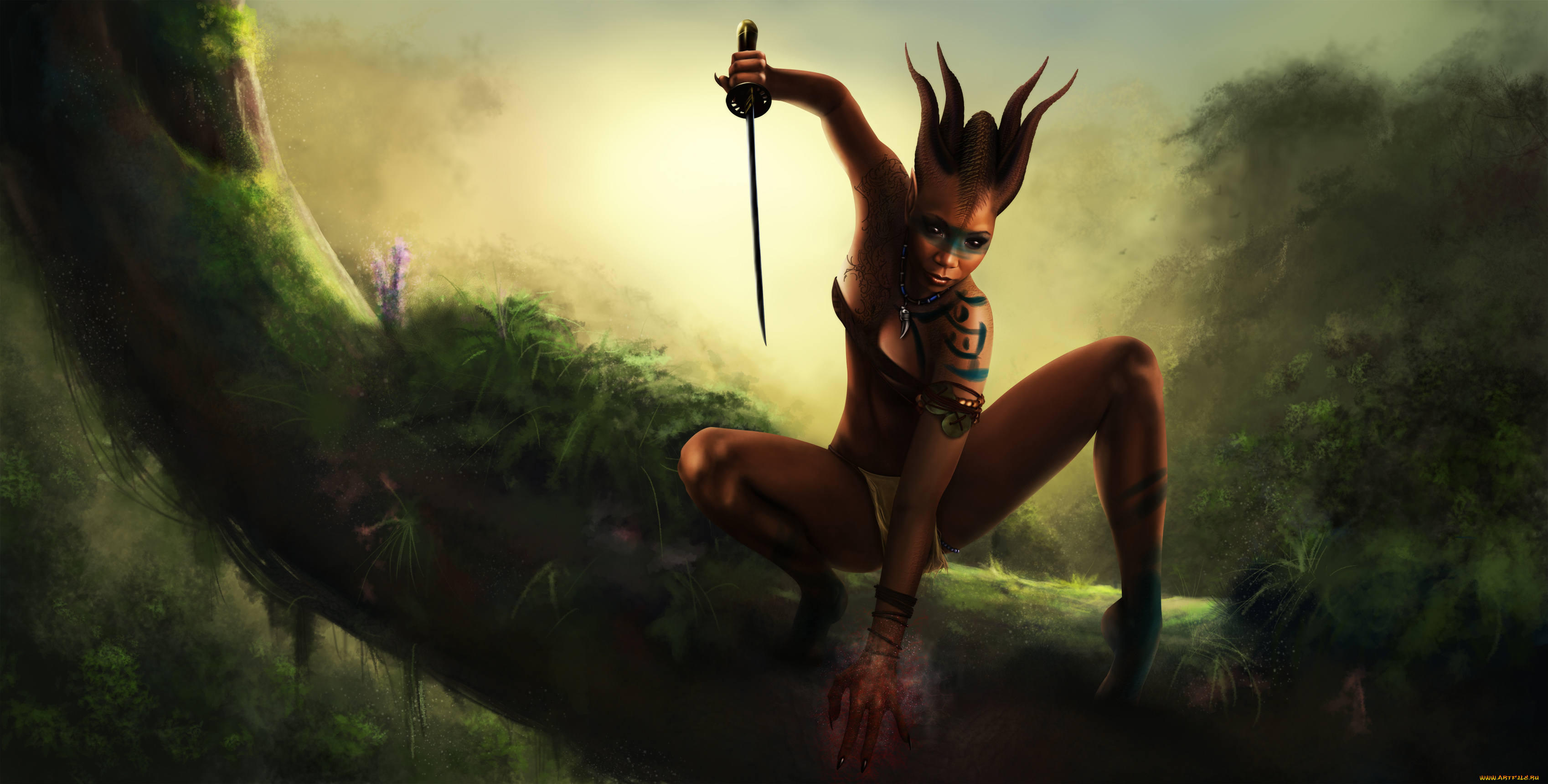 фэнтези, существа, девушка, фон, взгляд, меч