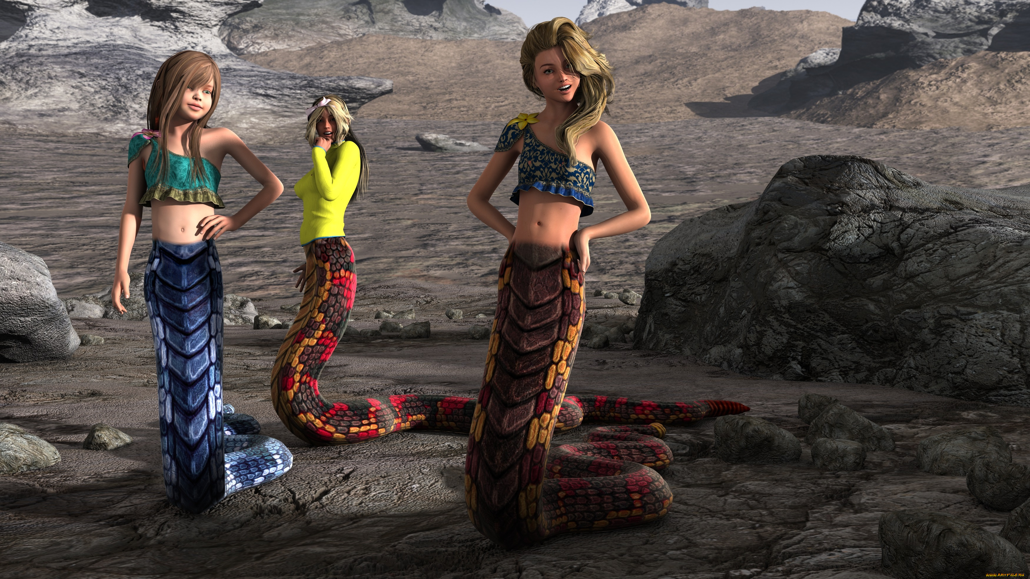 3д, графика, существа, , creatures, взгляд, девушки, naga, фон