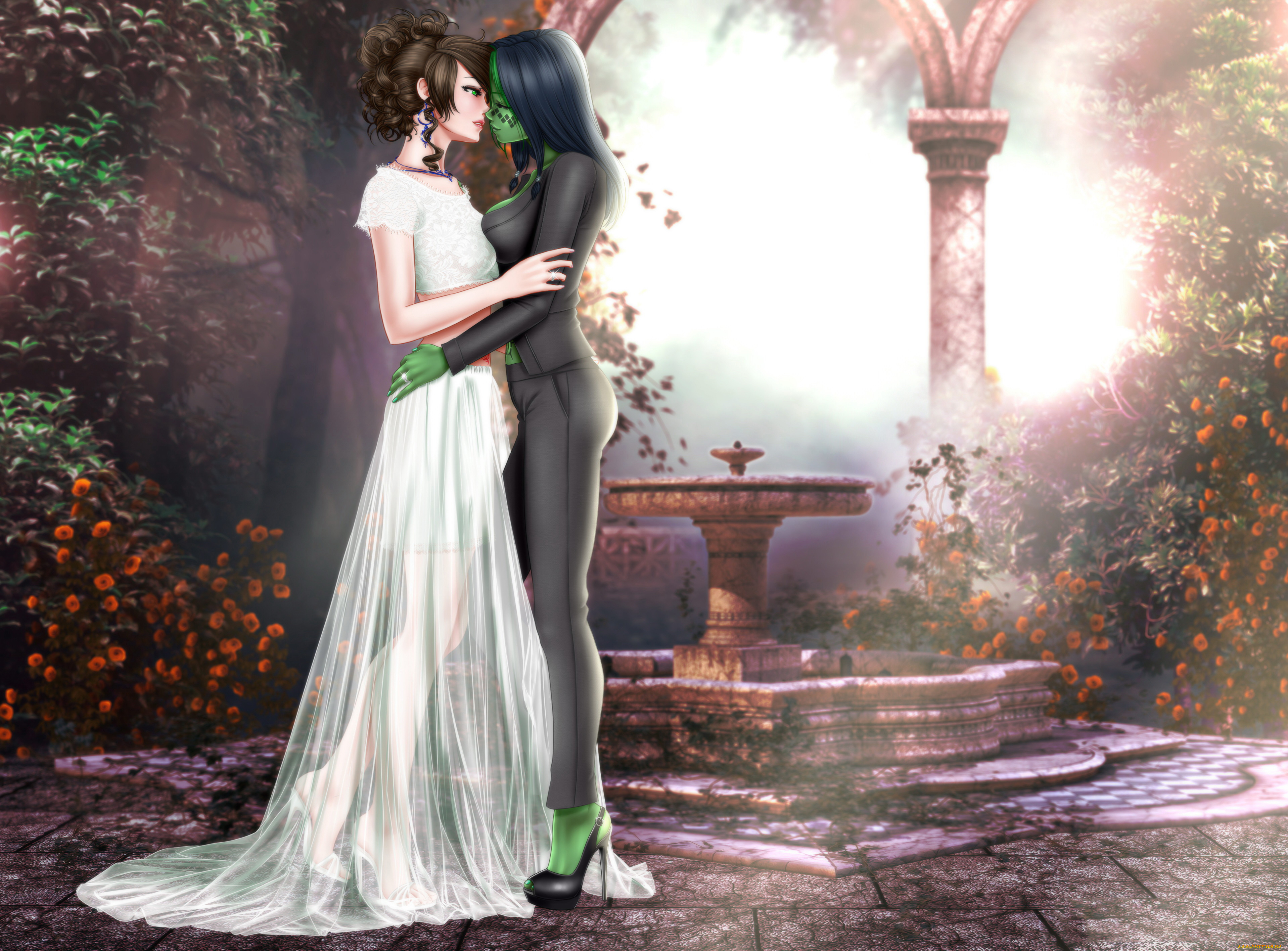 рисованное, комиксы, фон, поцелуй, девушки