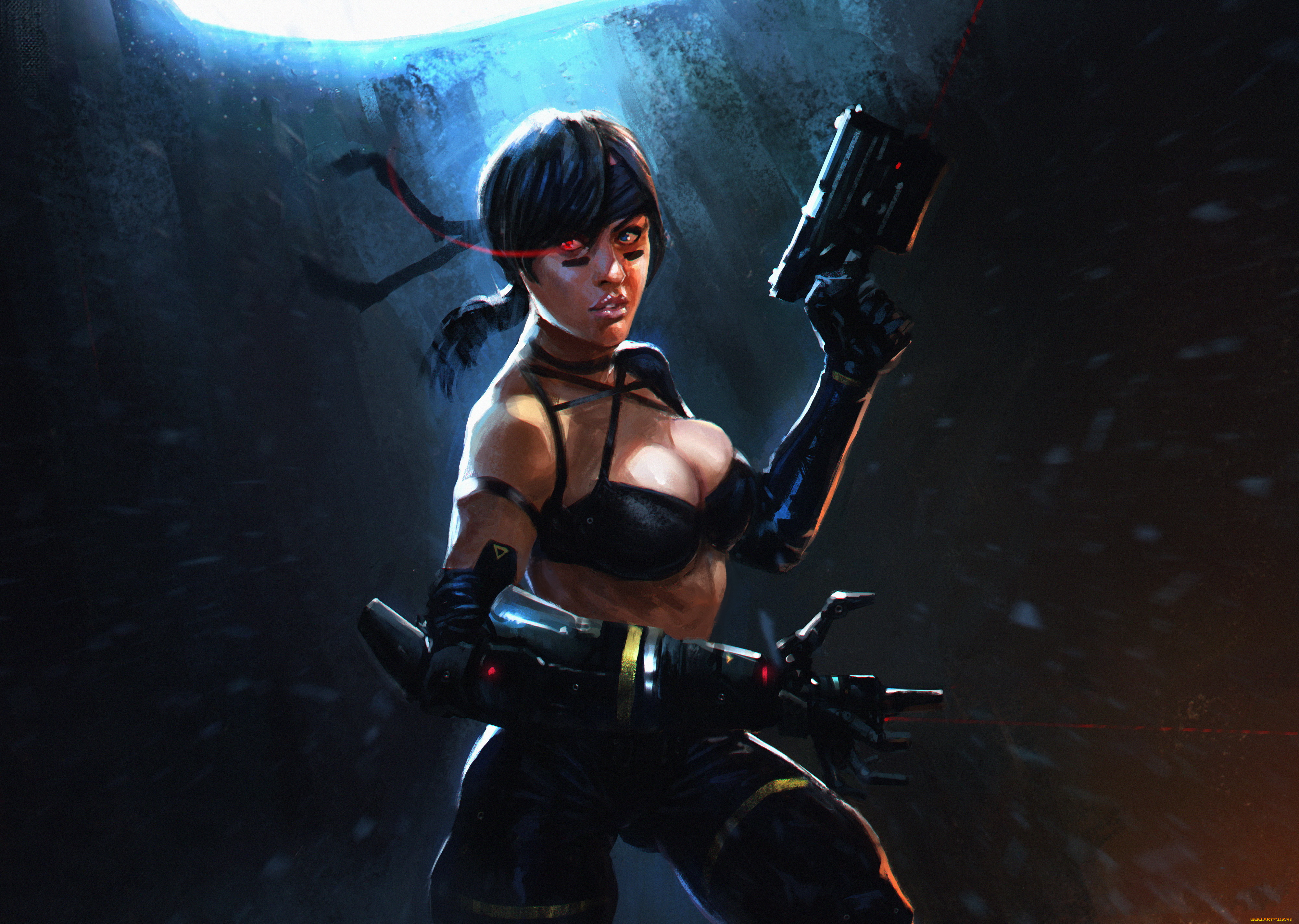 рисованное, комиксы, взгляд, фон, девушка, оружие