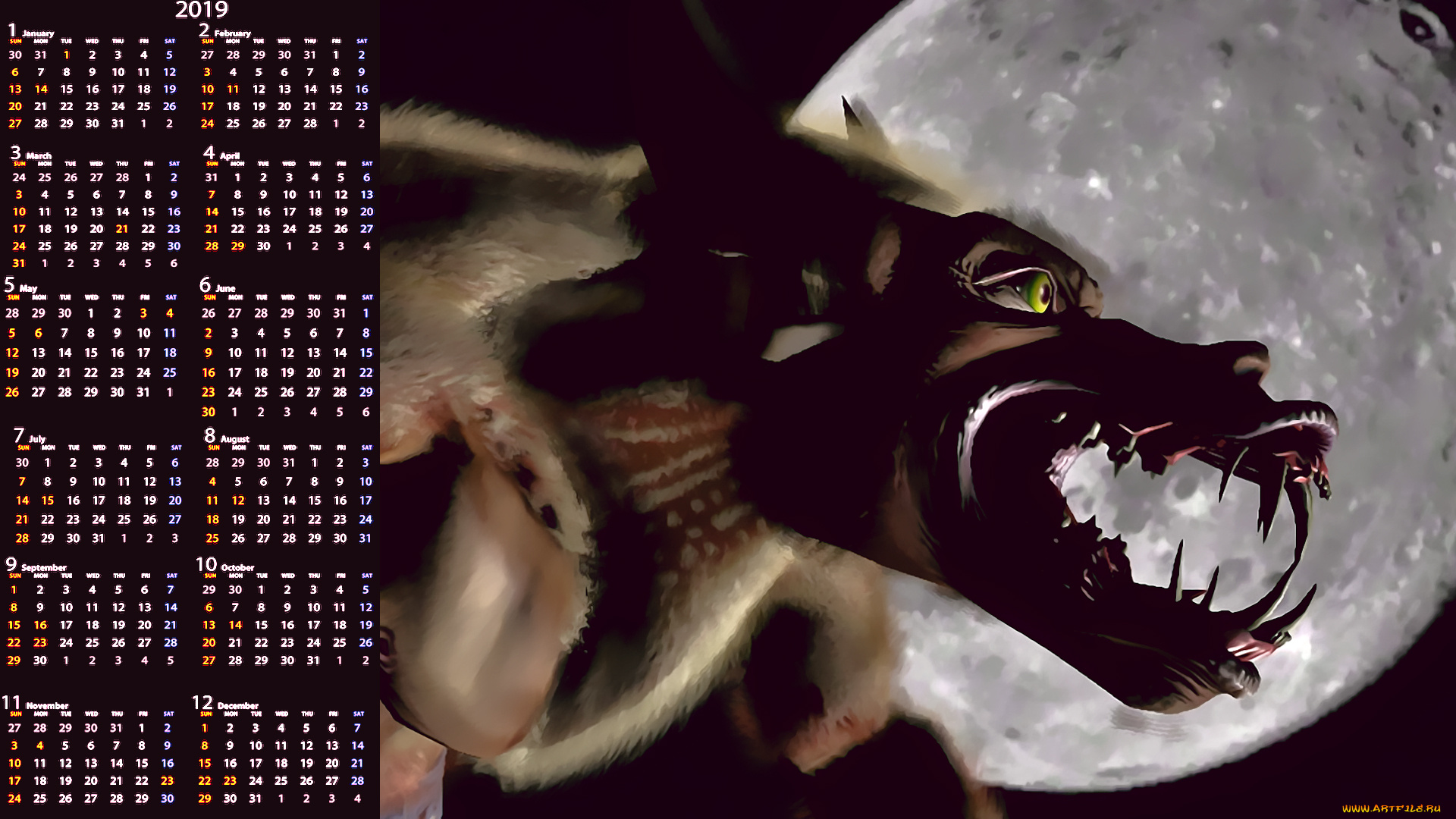 календари, 3д-графика, 2019, луна, calendar, существо, монстр