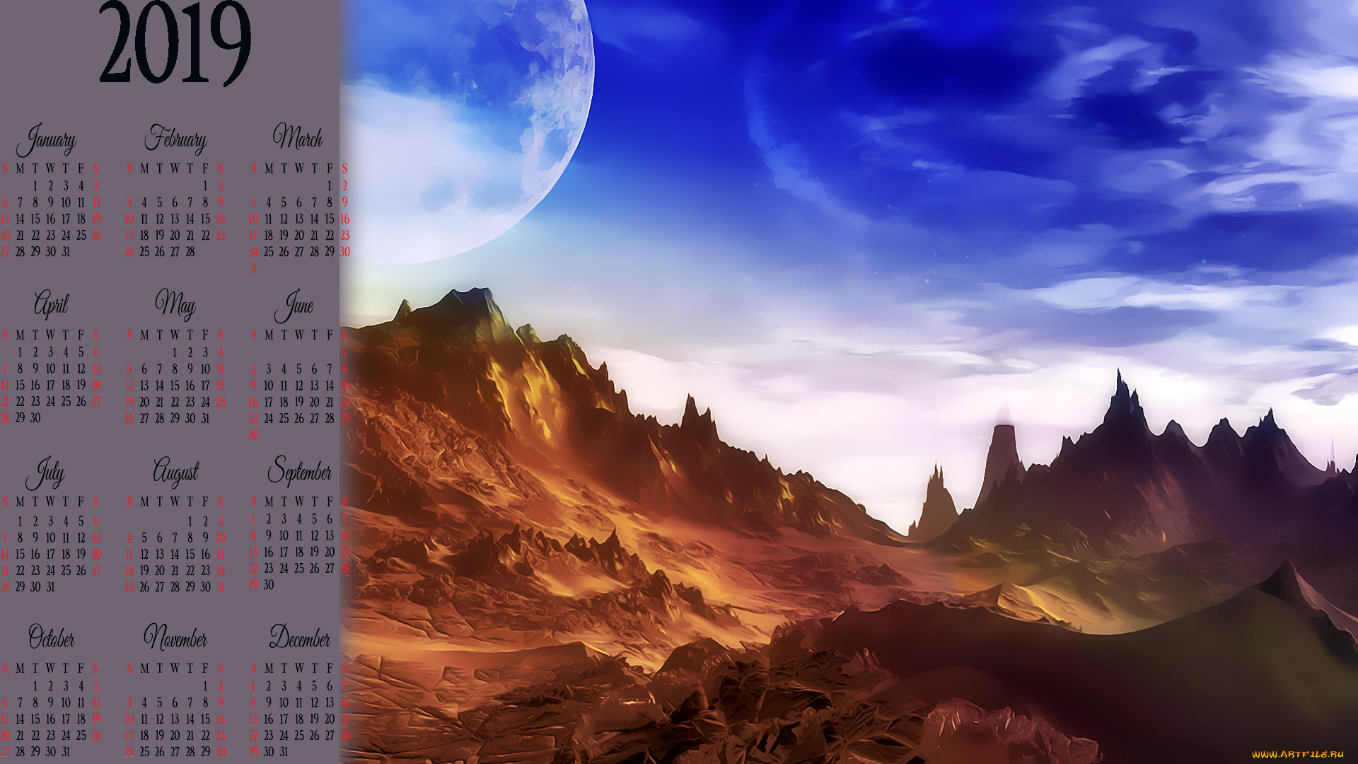 календари, фэнтези, calendar, 2019, возвышенность, гора, планета