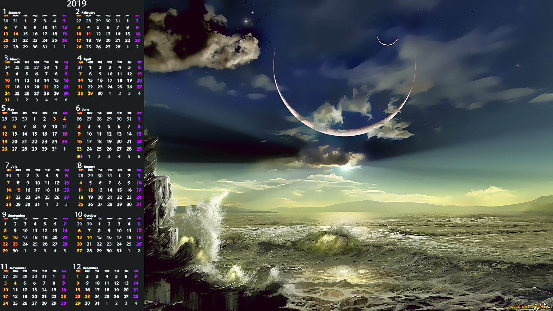 календари, фэнтези, планета, небо, волна, природа, calendar, 2019, водоем