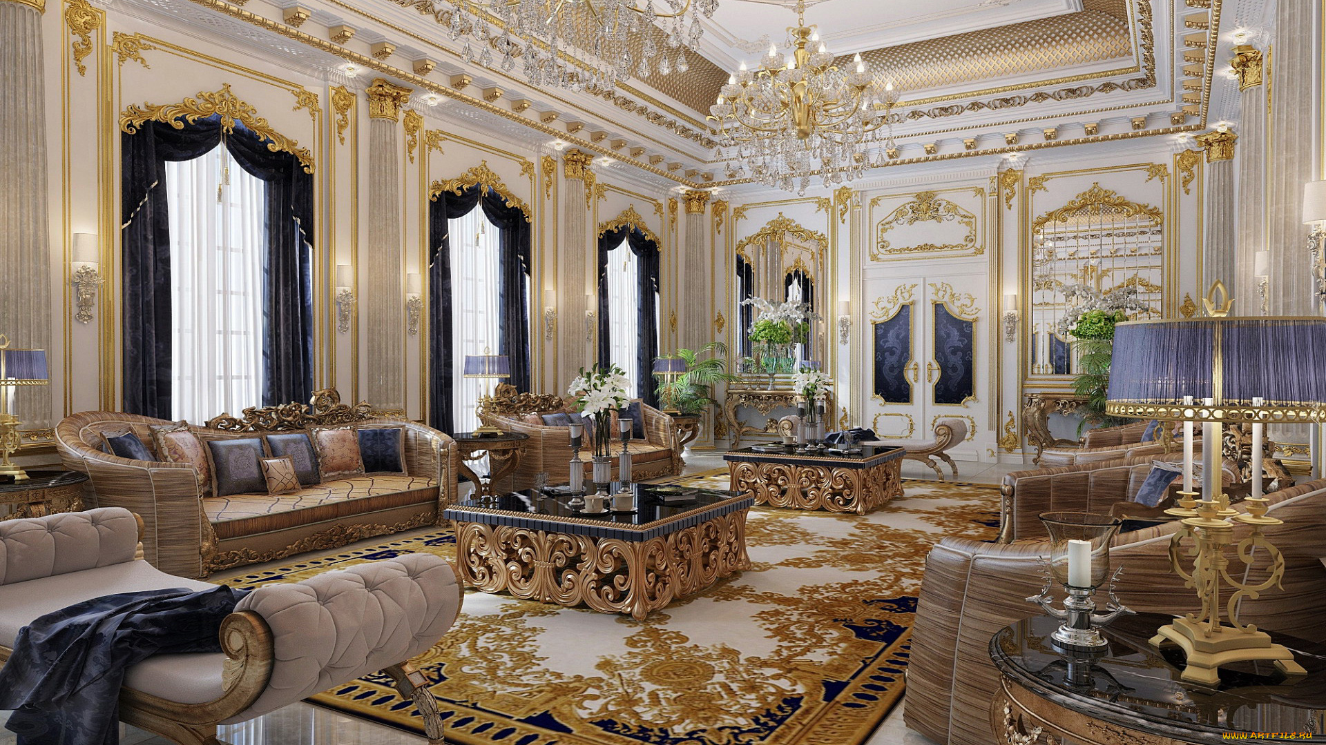 интерьер, гостиная, люстры, диваны, ковер