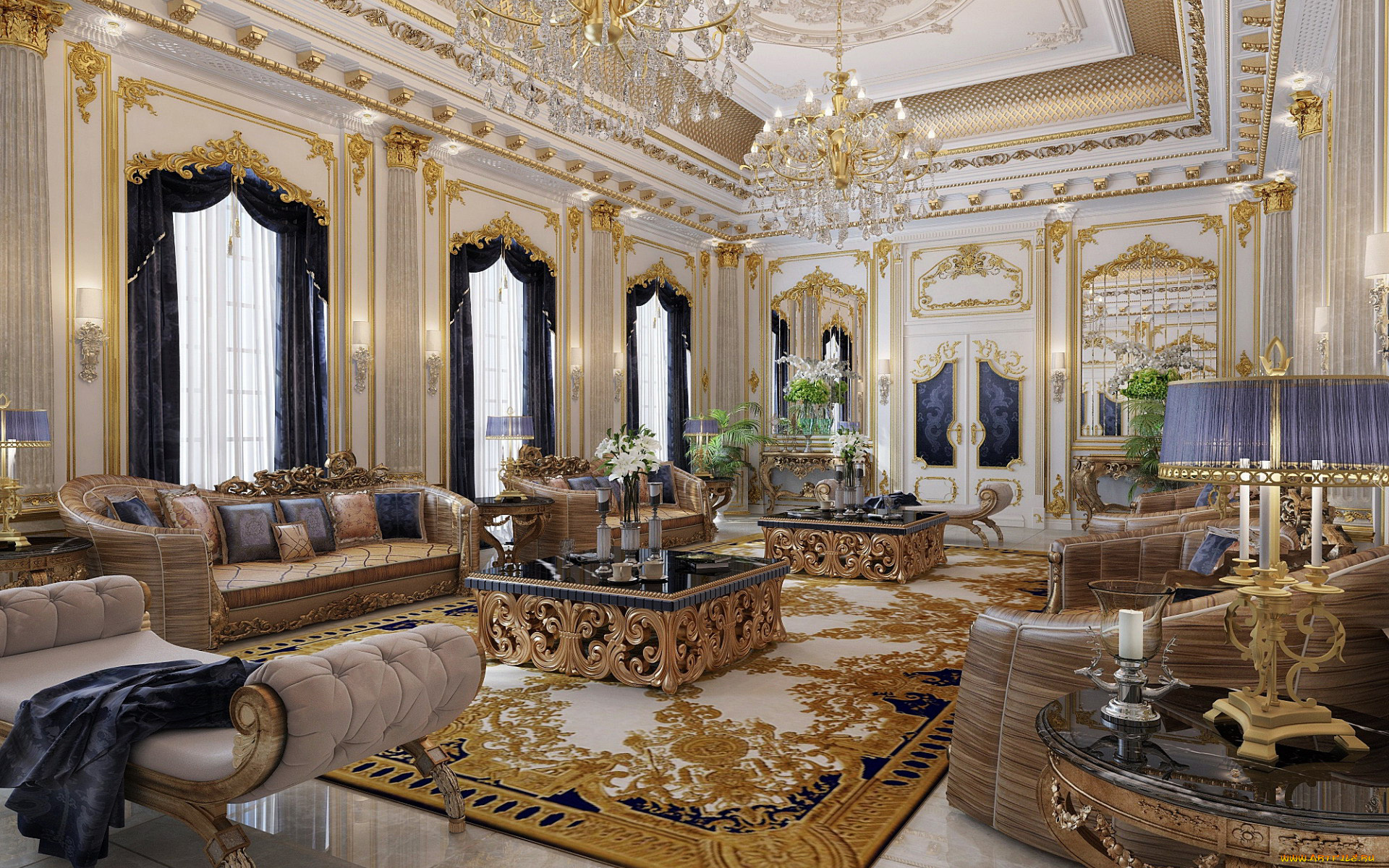 интерьер, гостиная, люстры, диваны, ковер