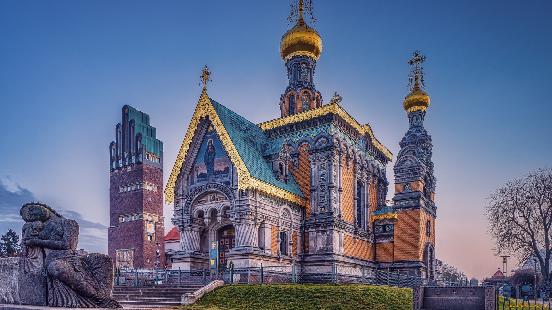 города, -, православные, церкви, , монастыри, часовня, святой, марии, магдалины, дармштадт, свадебная, башня, вечер, закат, православие, церковь, германия