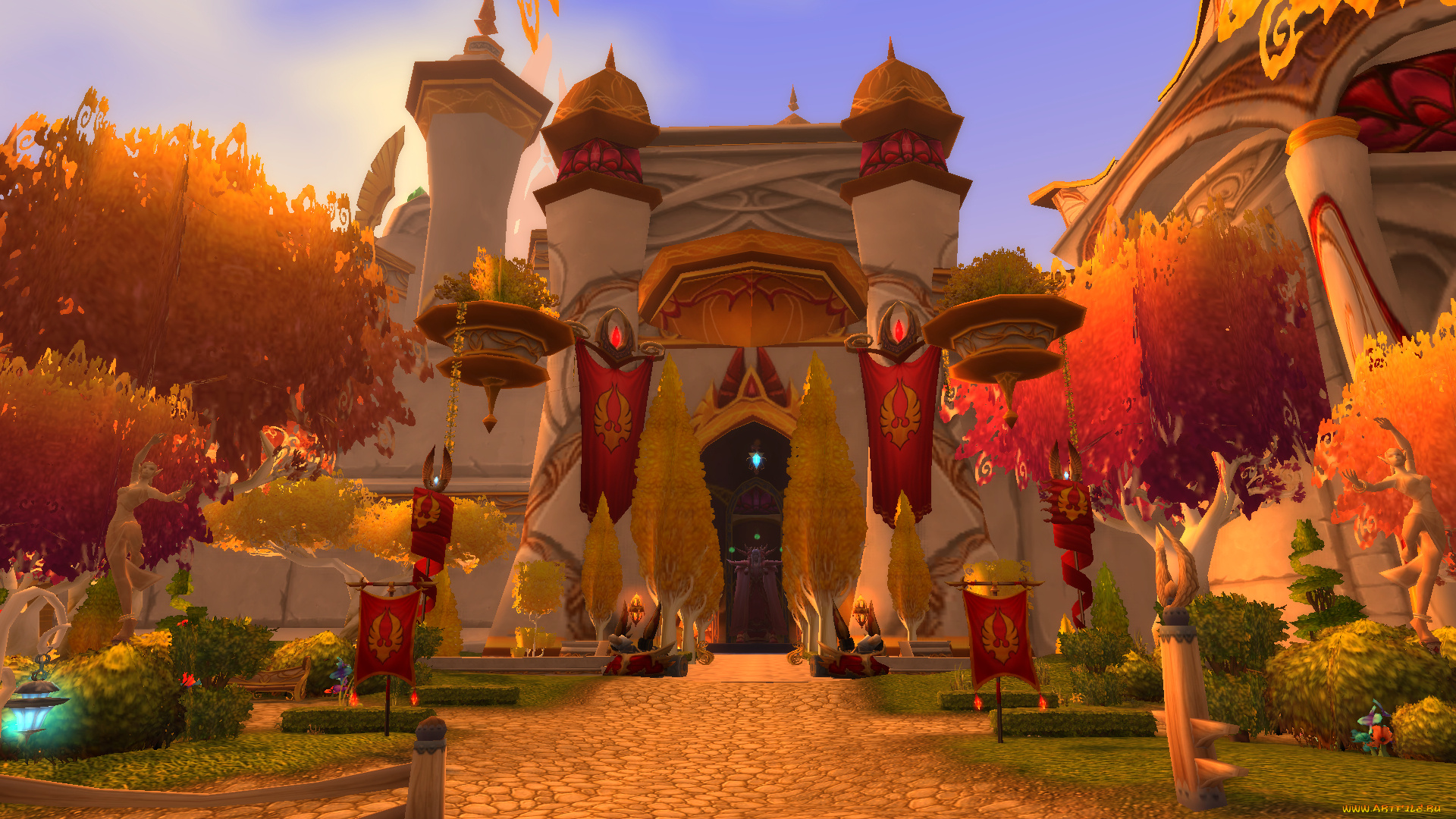 видео, игры, world, of, warcraft, дворец, деревья, флаги