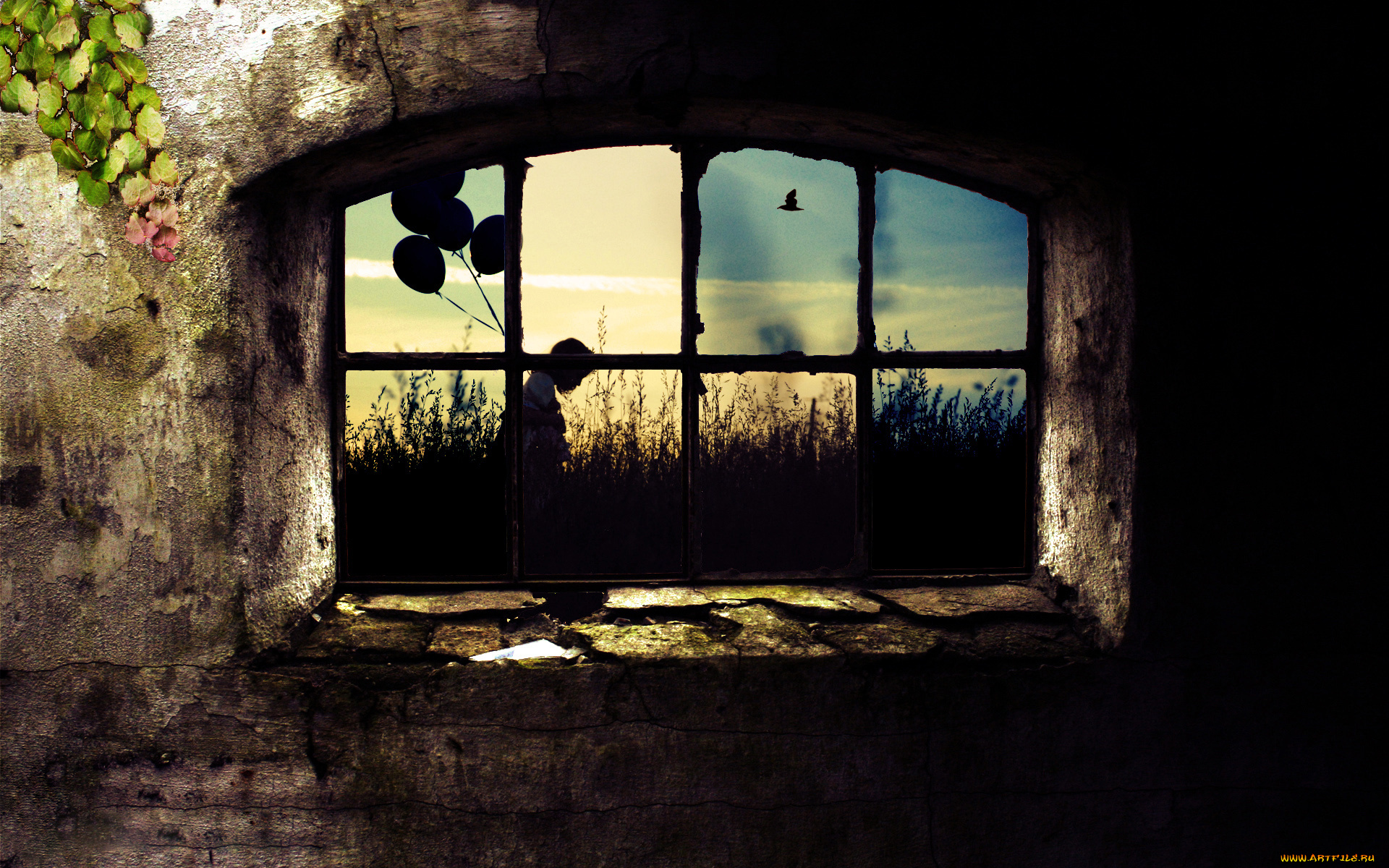 разное, люди, окно, трава, девочка, шары