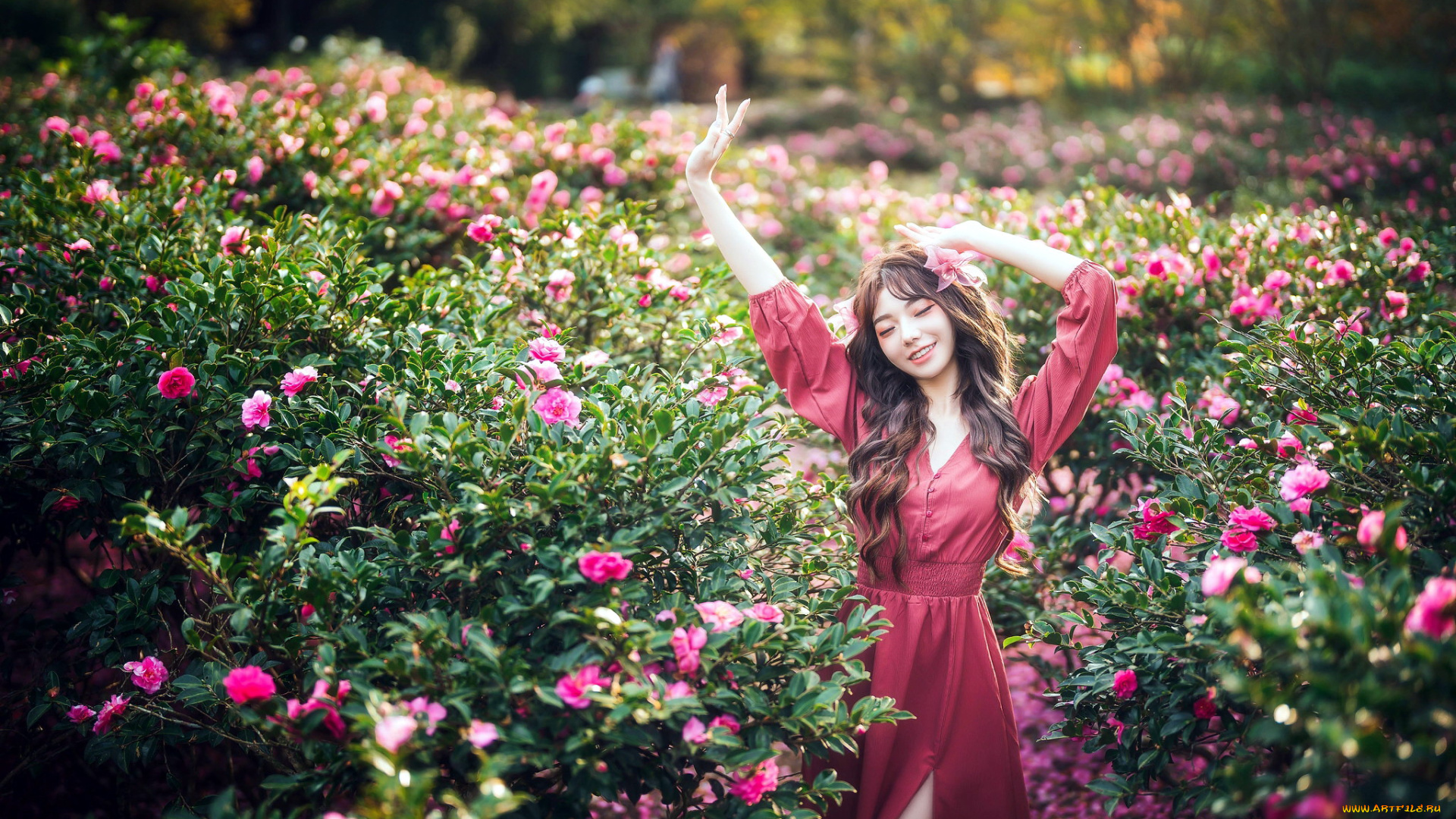 девушки, -, азиатки, азиатка, платье, цветник