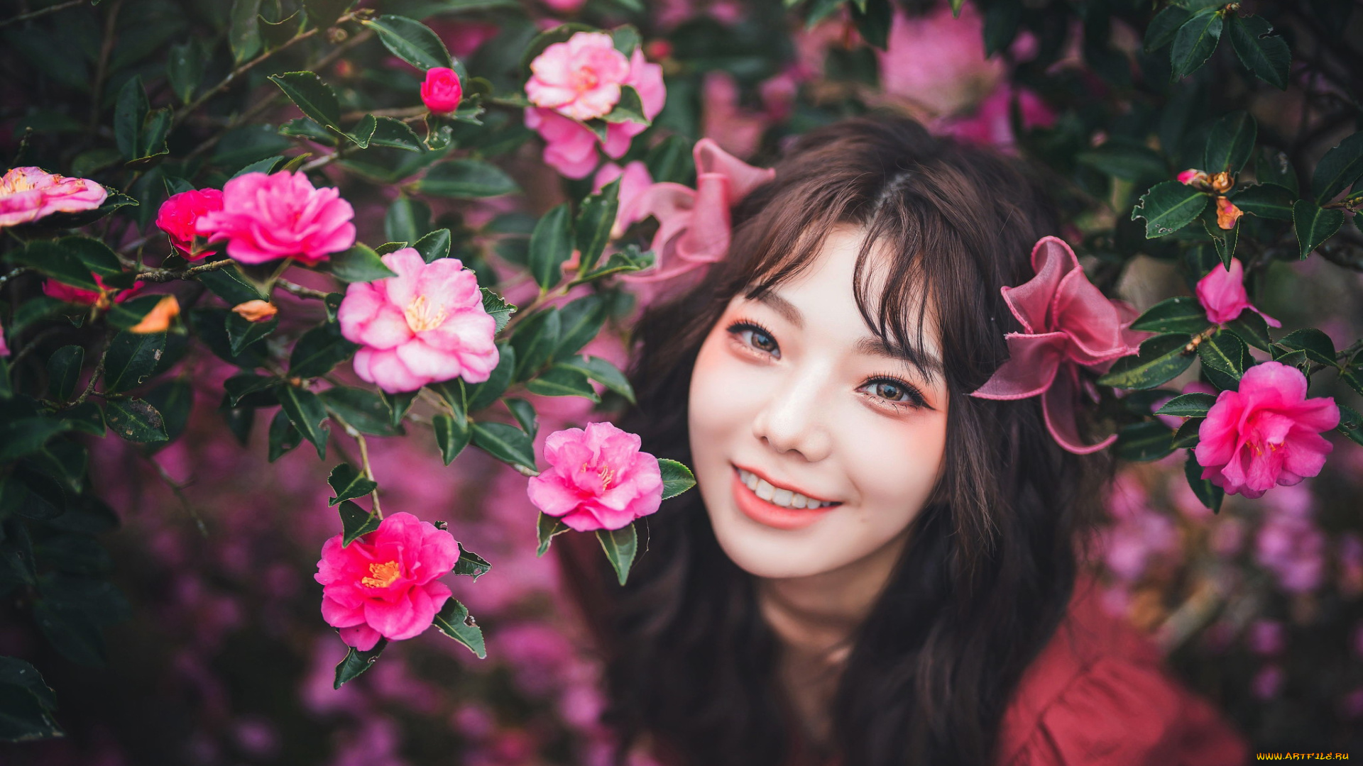 девушки, -, азиатки, азиатка, улыбка, цветы