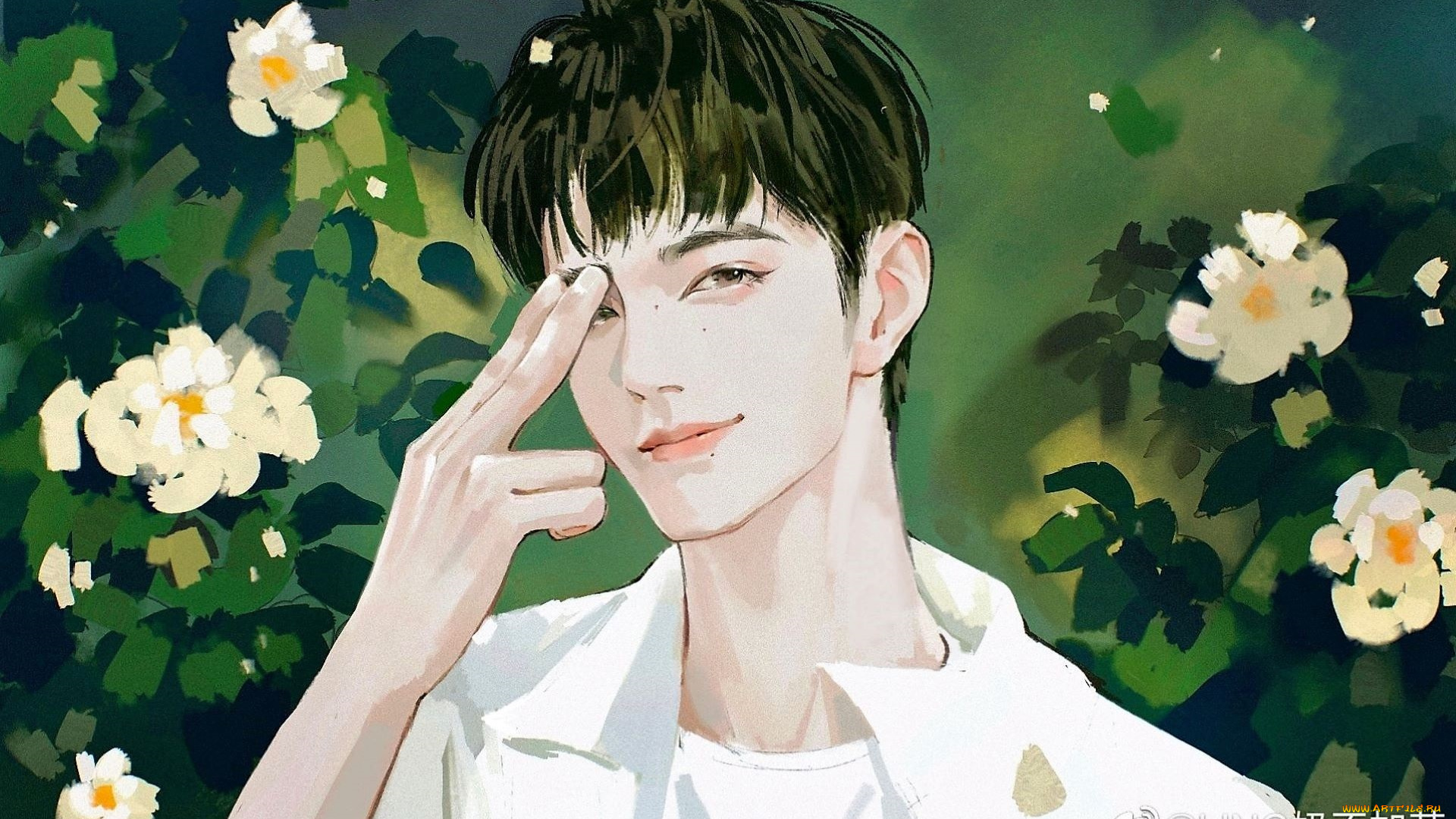 рисованное, люди, сяо, чжань, жест, цветы