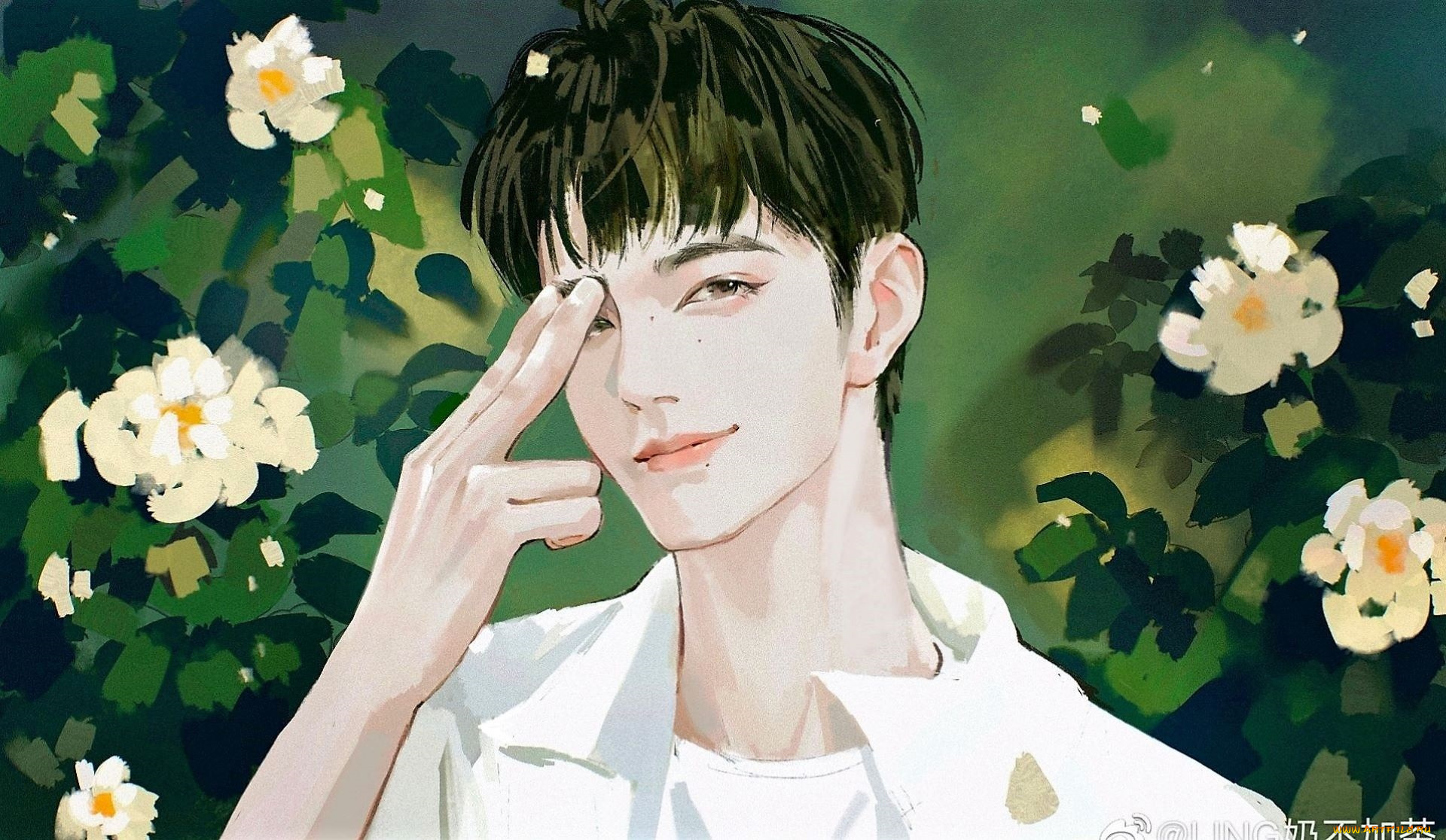 рисованное, люди, сяо, чжань, жест, цветы