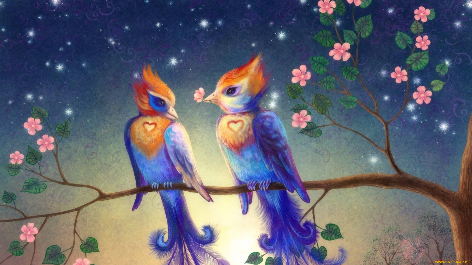 рисованное, животные, , сказочные, , мифические, птицы, пара, ветка, цветение