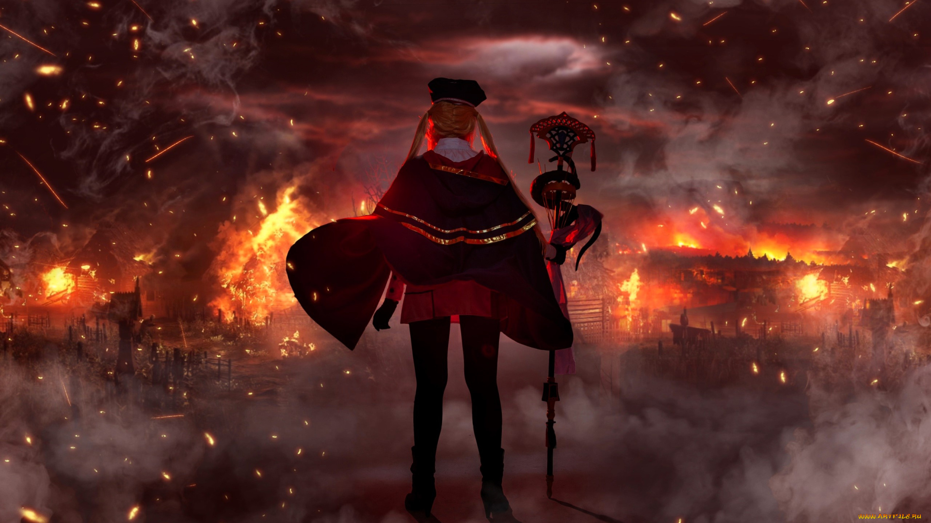 девушки, mari, aisu, образ, костюм, косплей, наряд, посох, искры, огонь, город, пожар