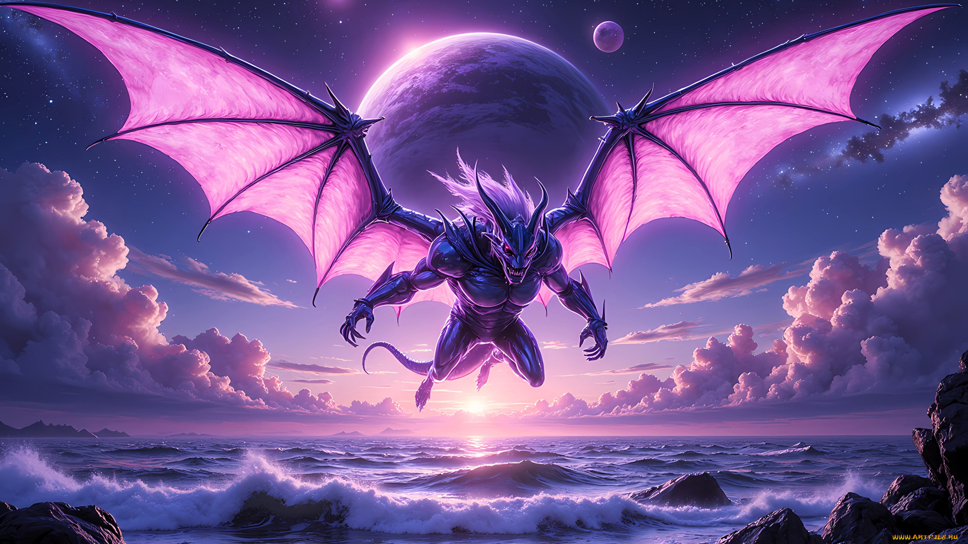 фэнтези, демоны, демон, крылья, полет, планеты, облака, море, берег