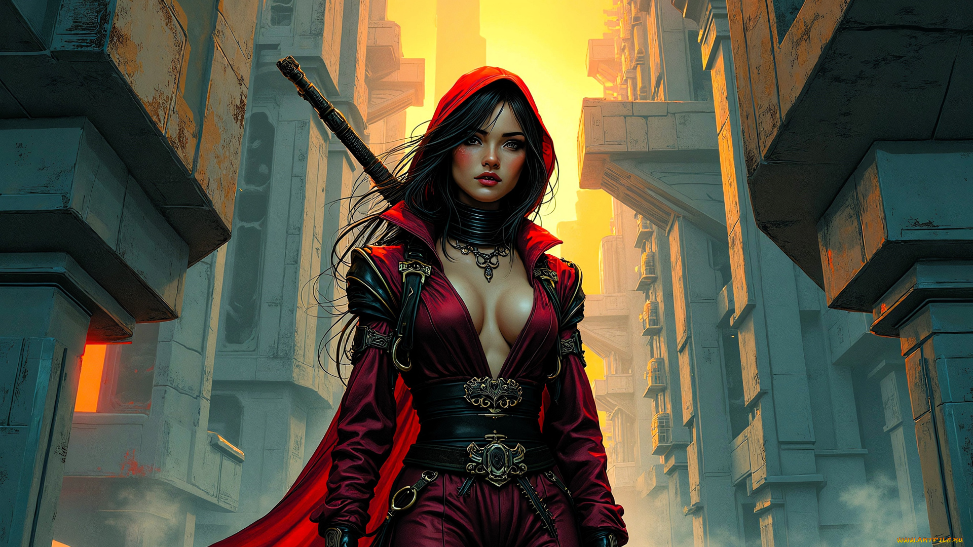 фэнтези, девушки, девушка, плащ, оружие, город, здания