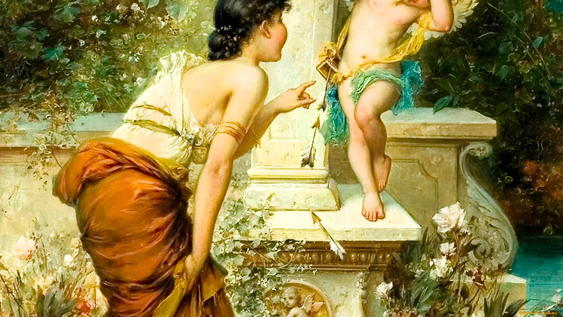 рисованное, hans, zatzka, женщина, купидон, стрелы, фонтан, цветы