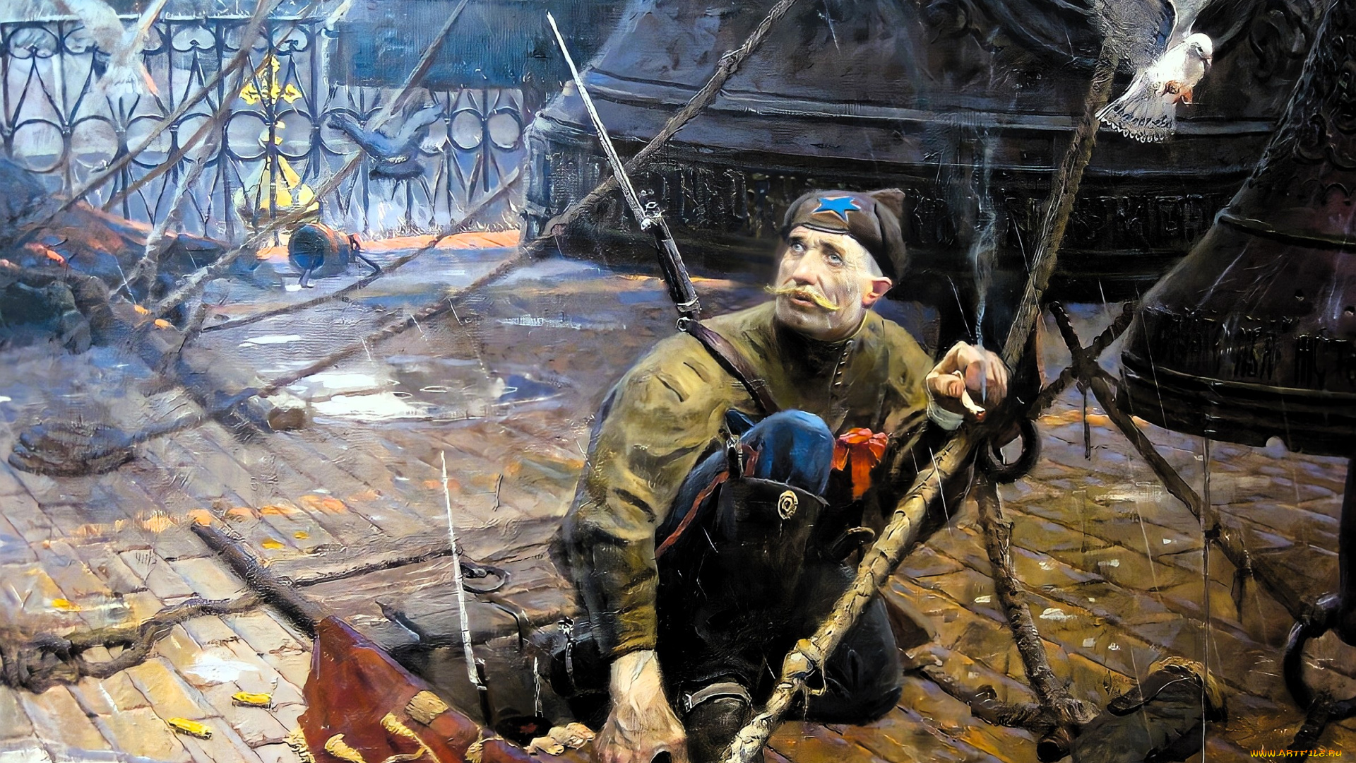 рисованное, павел, рыженко, козак, красноармеец, флаг, церковь, колокола, голуби