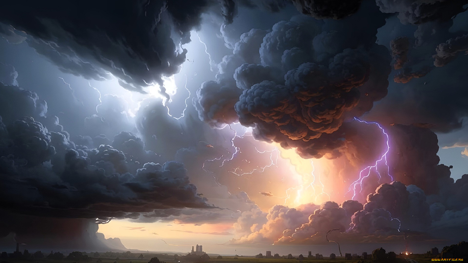 рисованное, природа, тучи, небо, деревья, поля, строения, молния