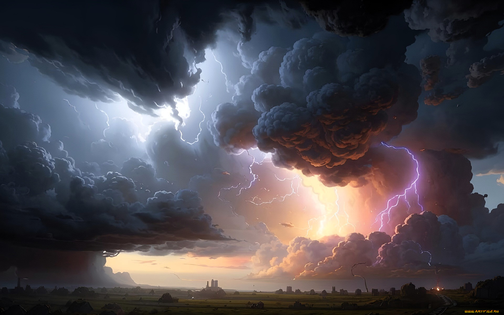 рисованное, природа, тучи, небо, деревья, поля, строения, молния