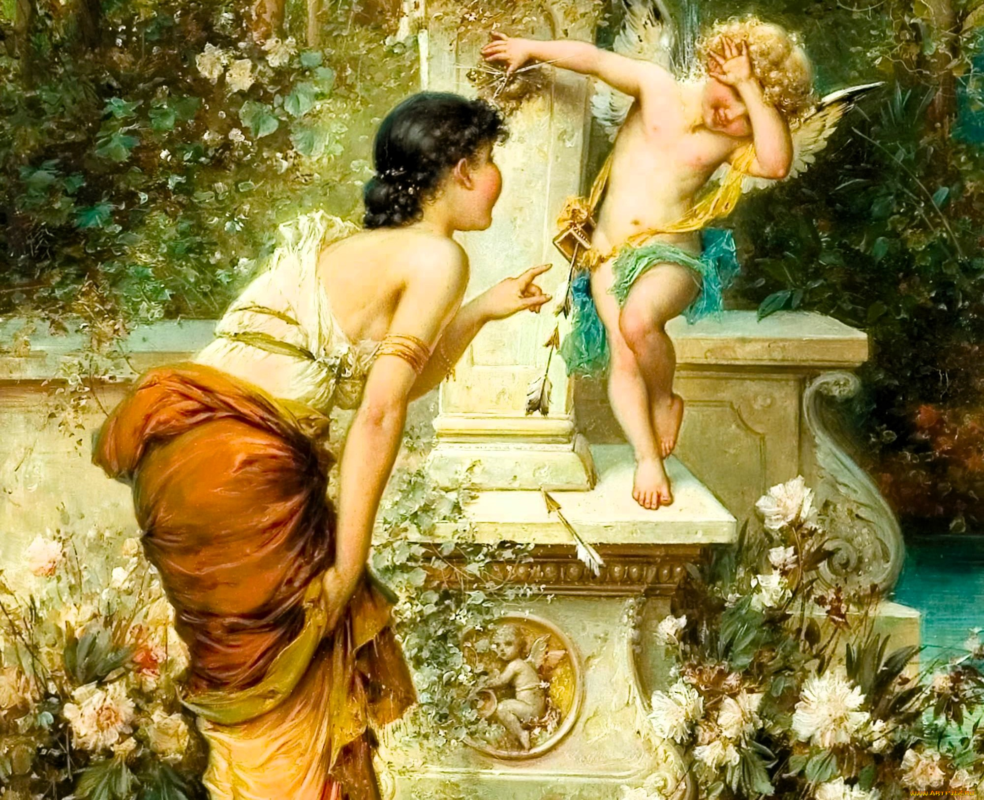 рисованное, hans, zatzka, женщина, купидон, стрелы, фонтан, цветы
