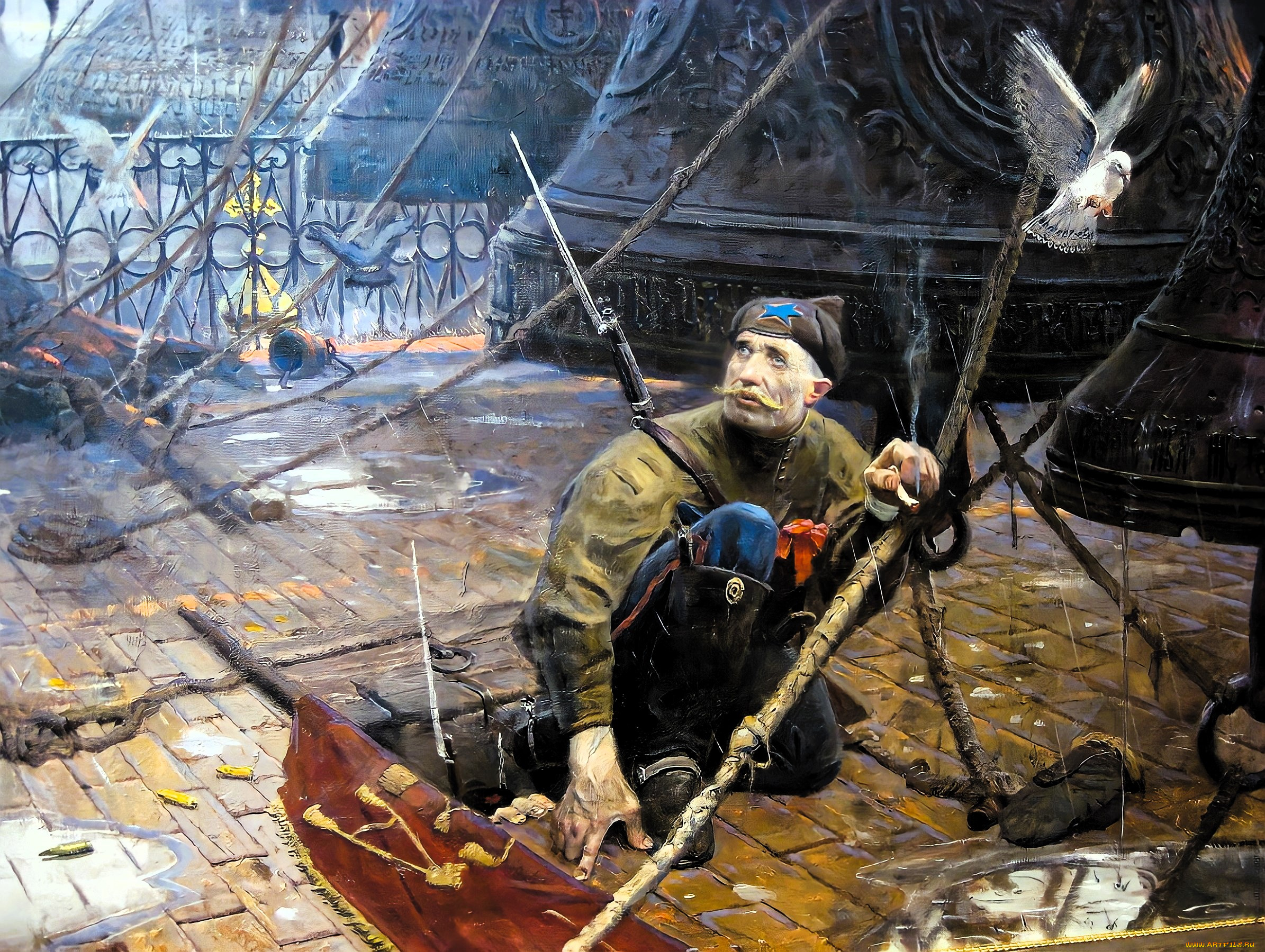 рисованное, павел, рыженко, козак, красноармеец, флаг, церковь, колокола, голуби
