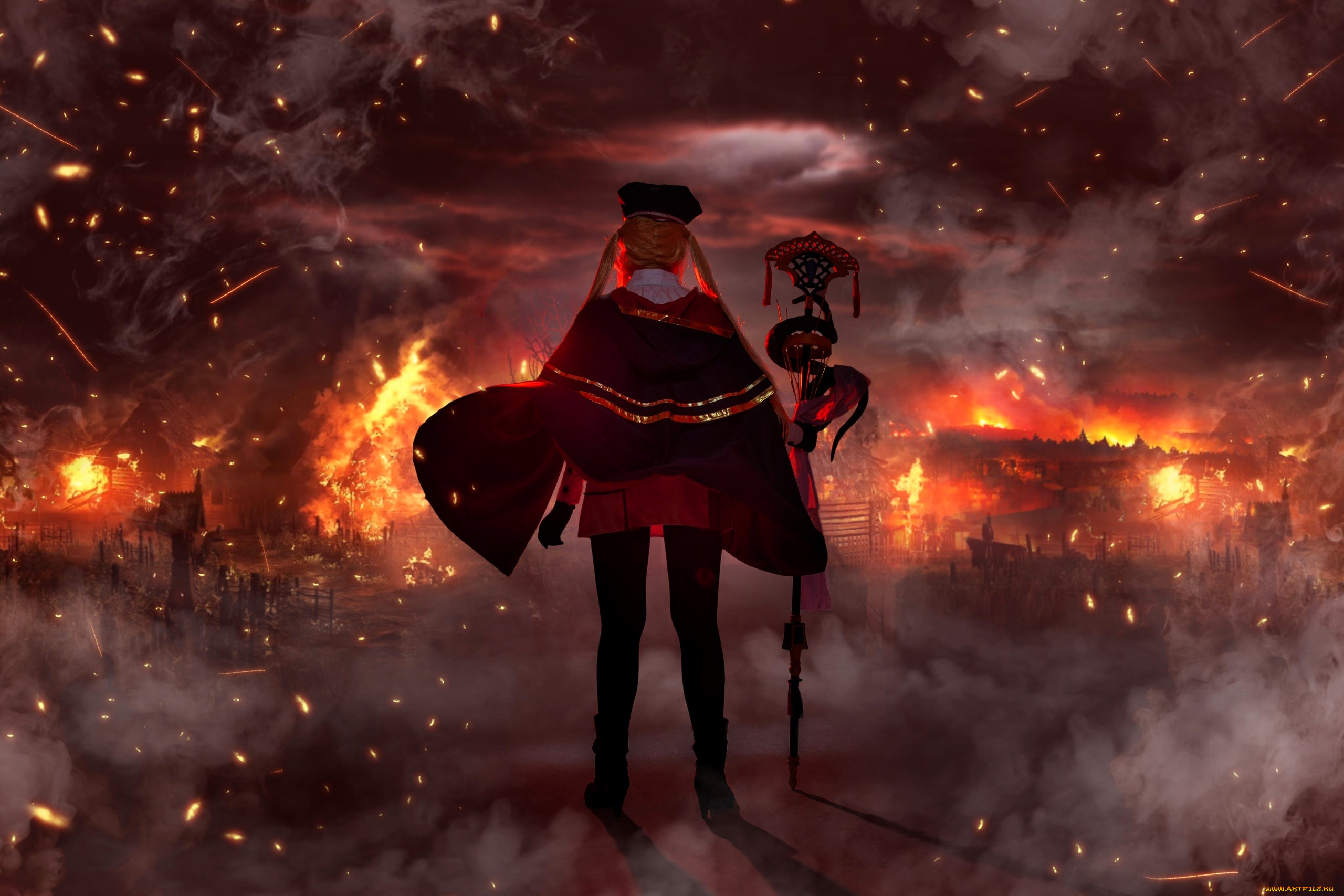девушки, mari, aisu, образ, костюм, косплей, наряд, посох, искры, огонь, город, пожар