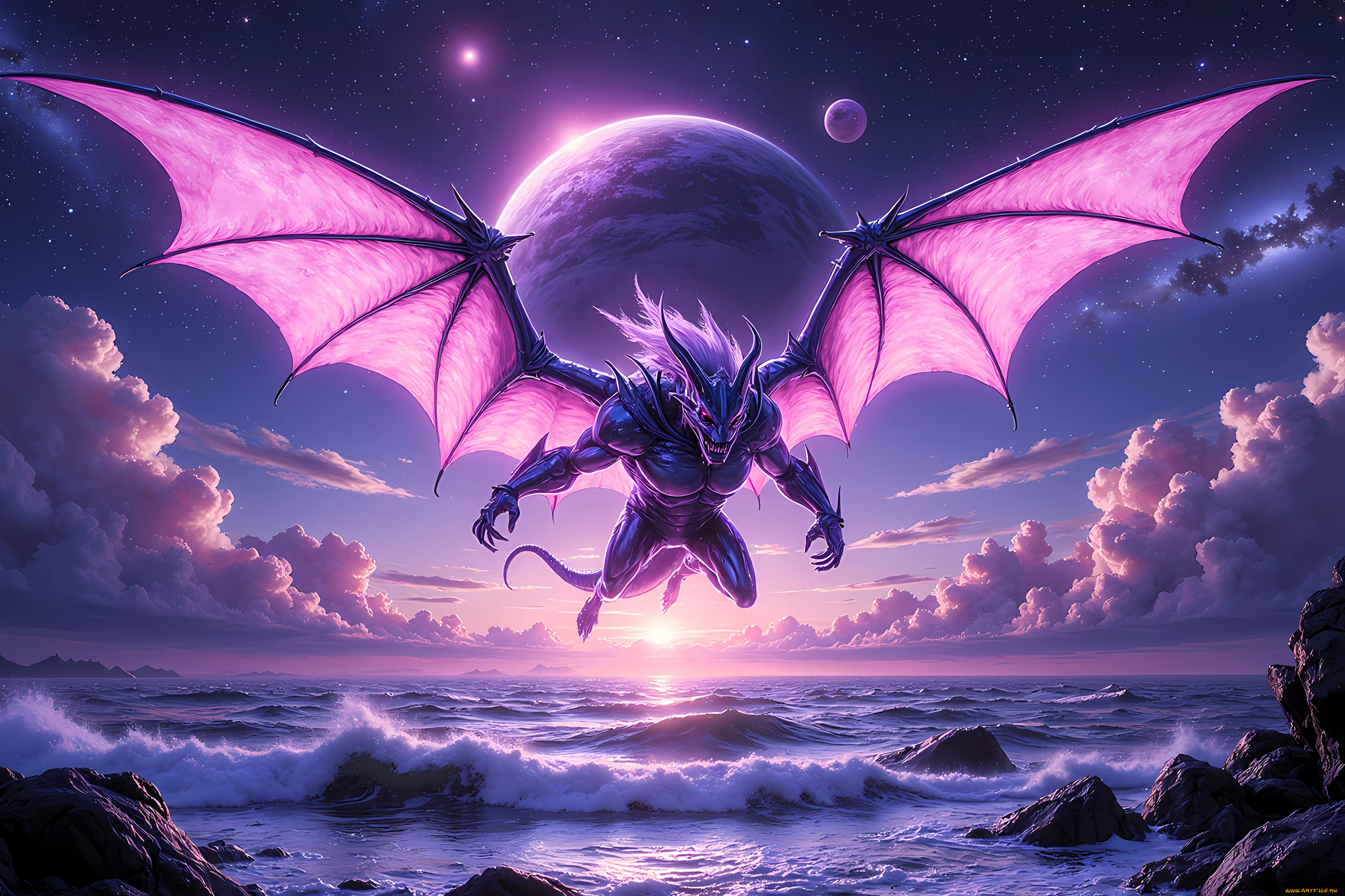фэнтези, демоны, демон, крылья, полет, планеты, облака, море, берег