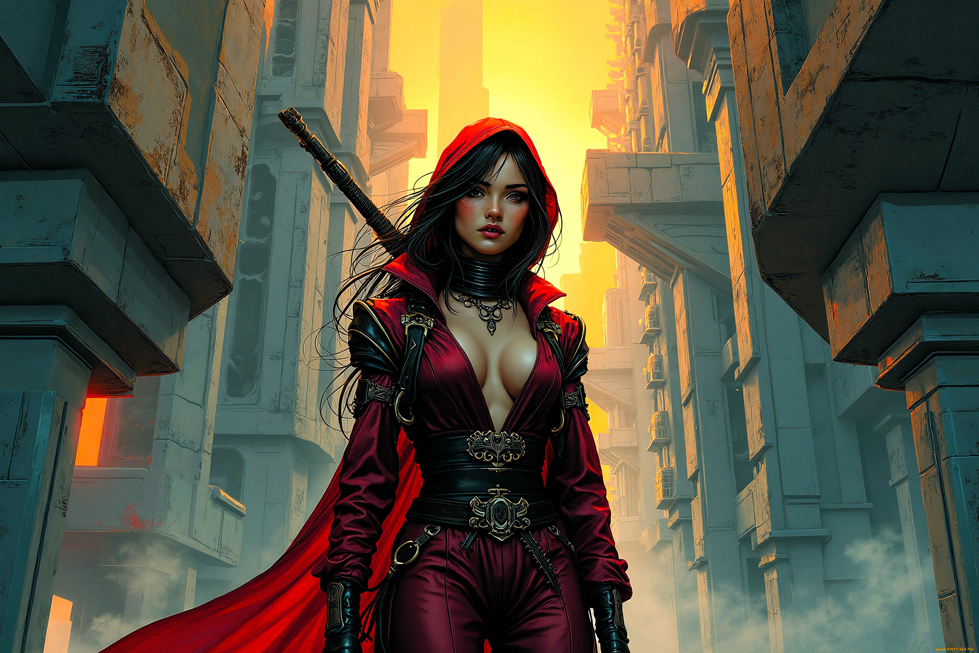 фэнтези, девушки, девушка, плащ, оружие, город, здания