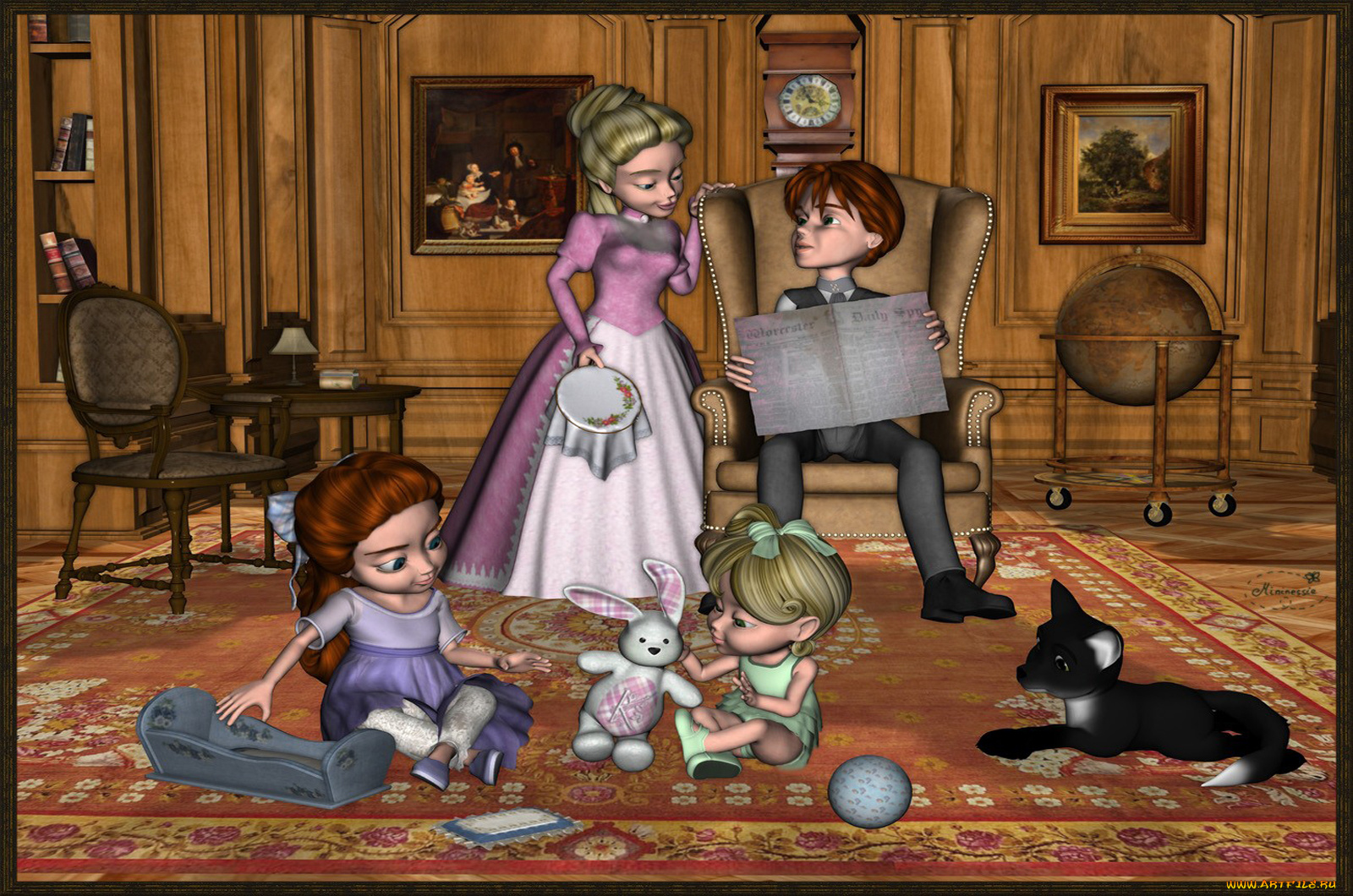 3д, графика, people, люди, дети, кот, комната, мать