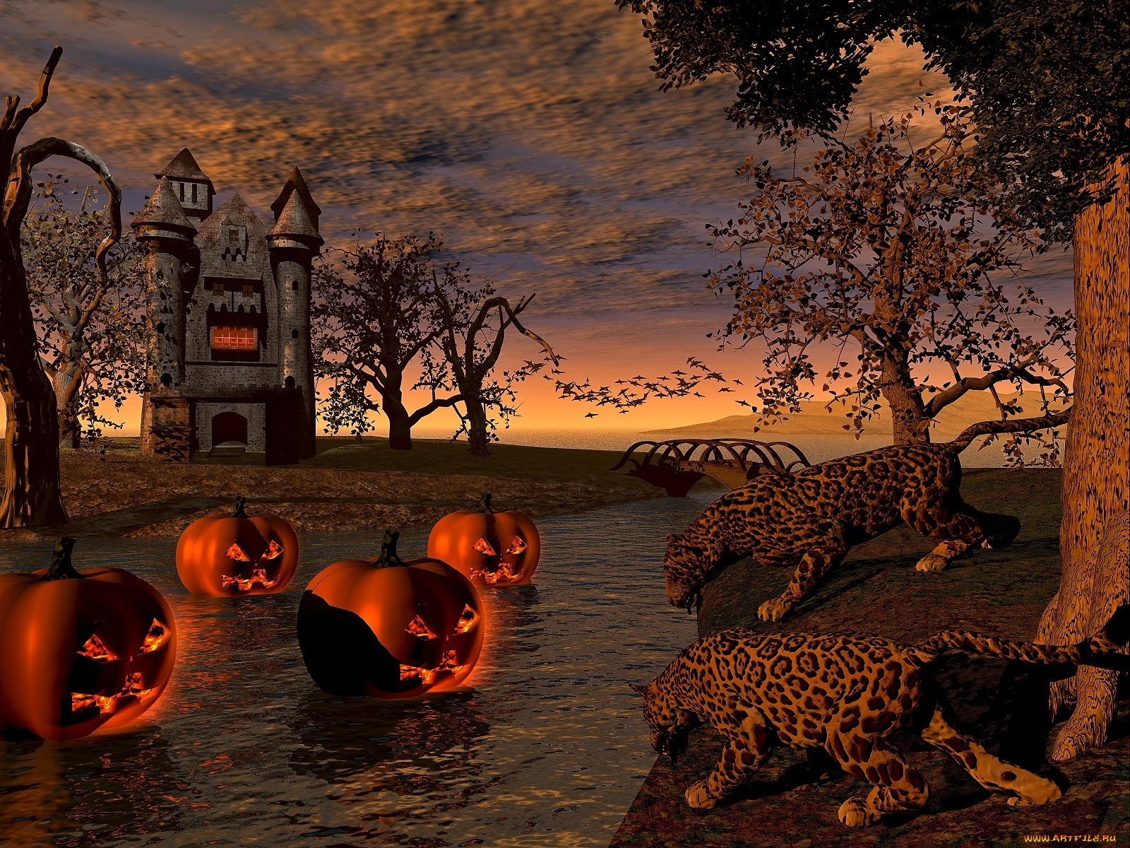 3д, графика, holidays, праздники, замок, тыквы, тигры, река, деревья