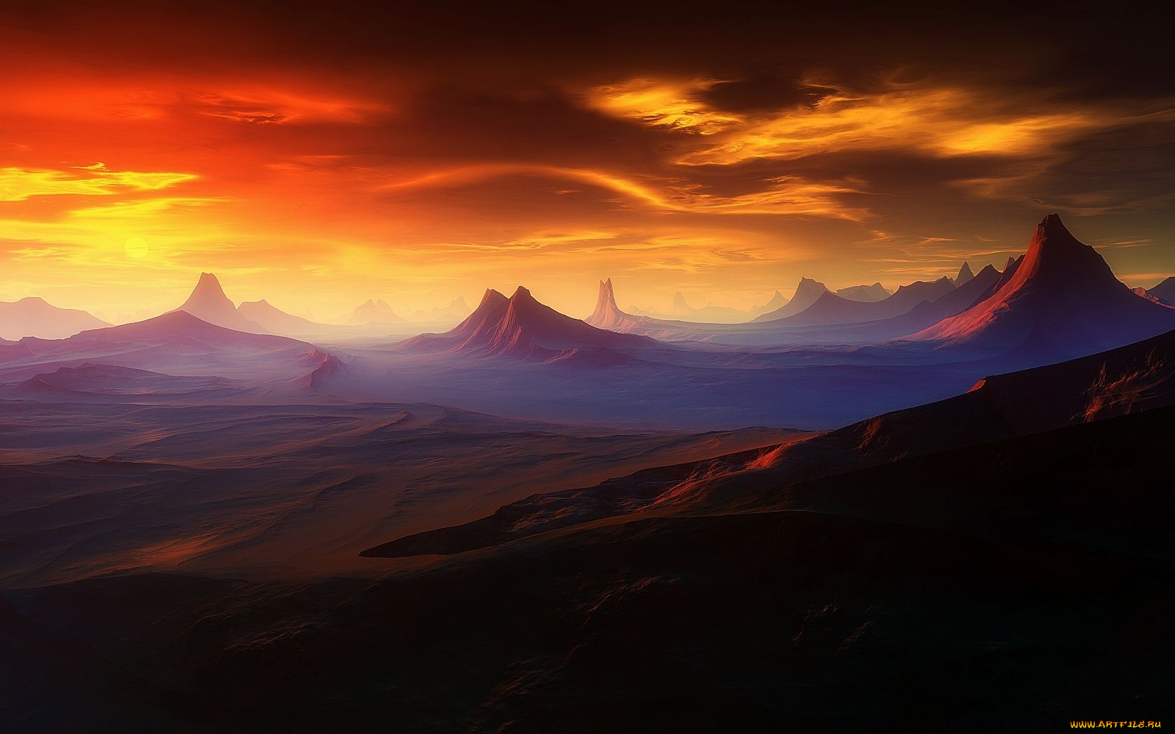 3д, графика, nature, landscape, природа, закат, горы, небо, облака