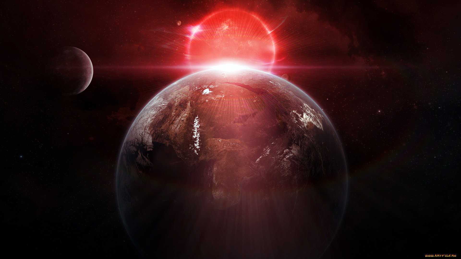 космос, арт, восход, спутники, свет, сияние, звезды, планета