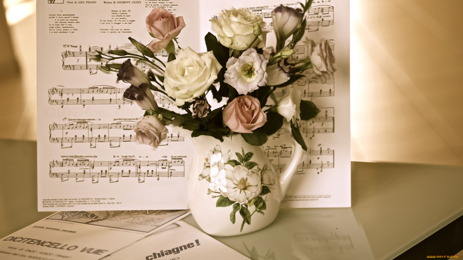 цветы, букеты, композиции, кувшин, розы, ноты, эустома, elena, di, guardo