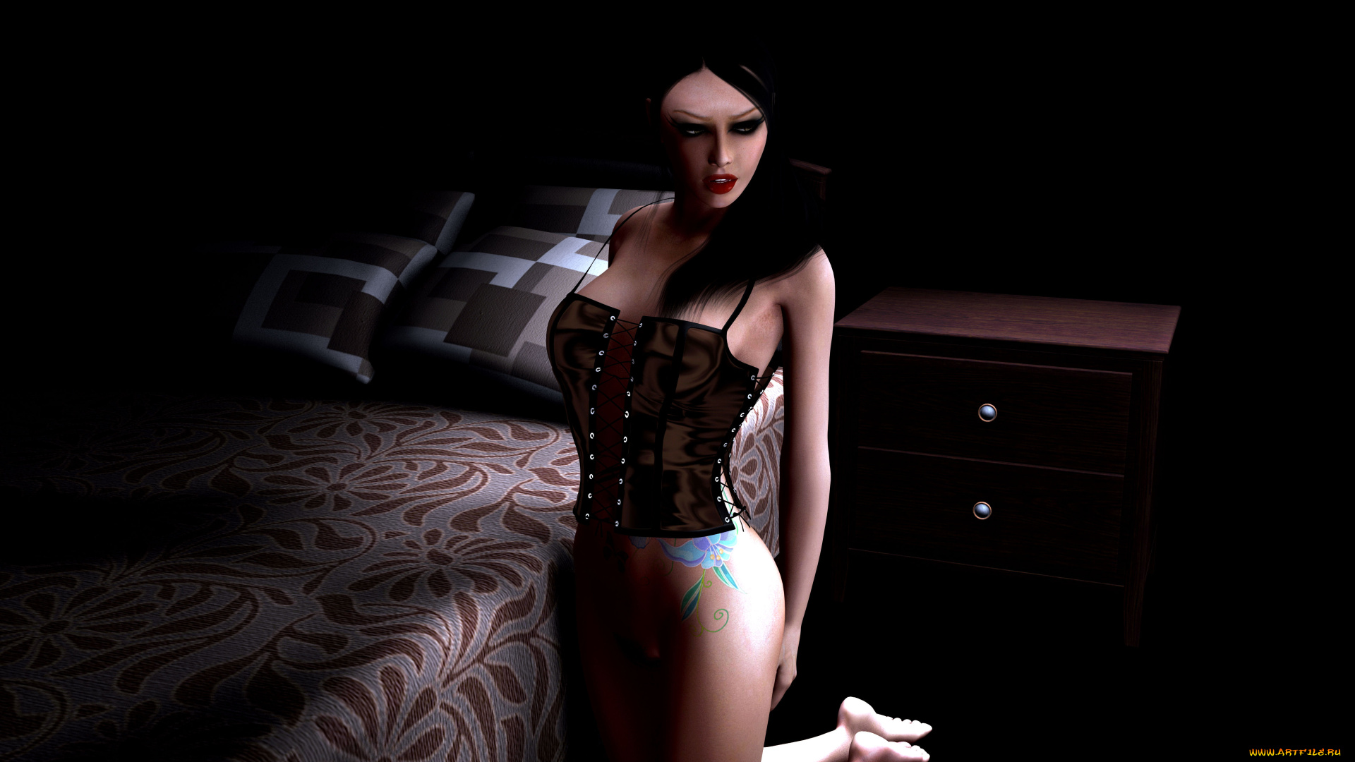 3д, графика, people, люди, девушка, кровать