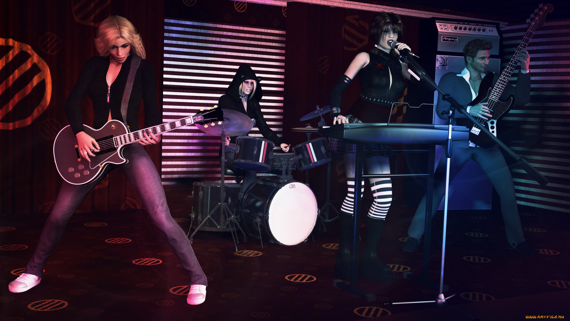 3д, графика, people, люди, сцена, музыкальные, инструменты, група