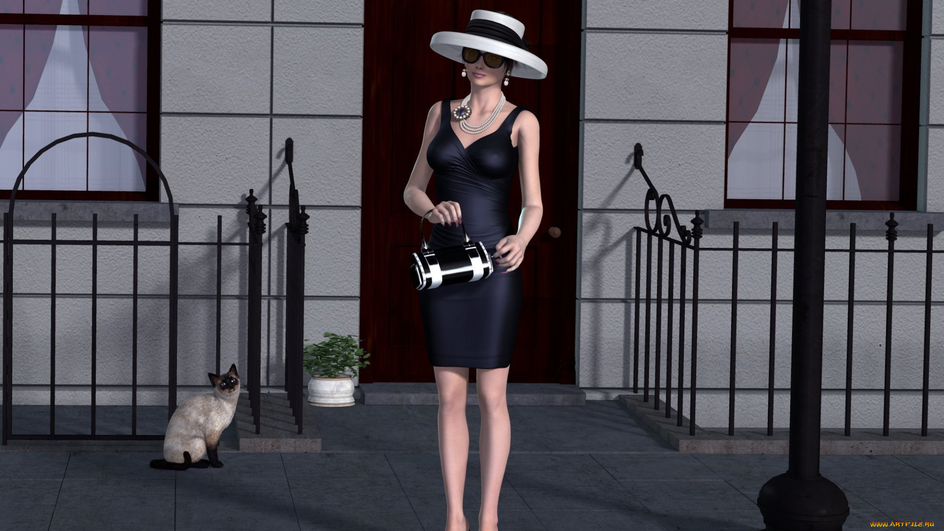 3д, графика, people, люди, сумочка, кот, шляпа, девушка