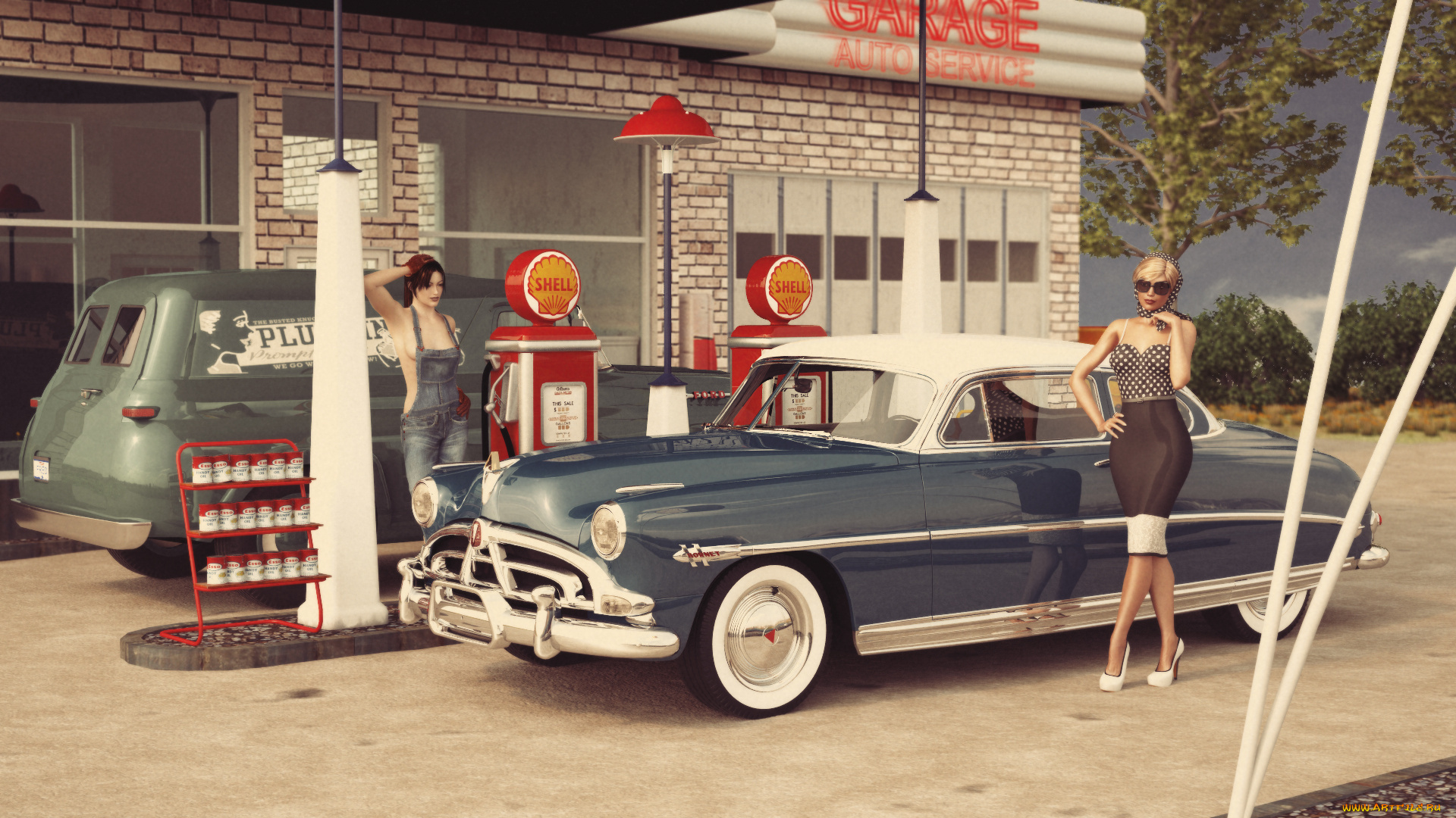 автомобили, 3д, заправка, девушки