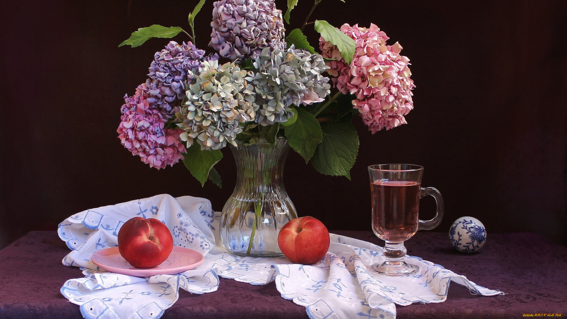 еда, натюрморт, гортензия, компот, нектарины